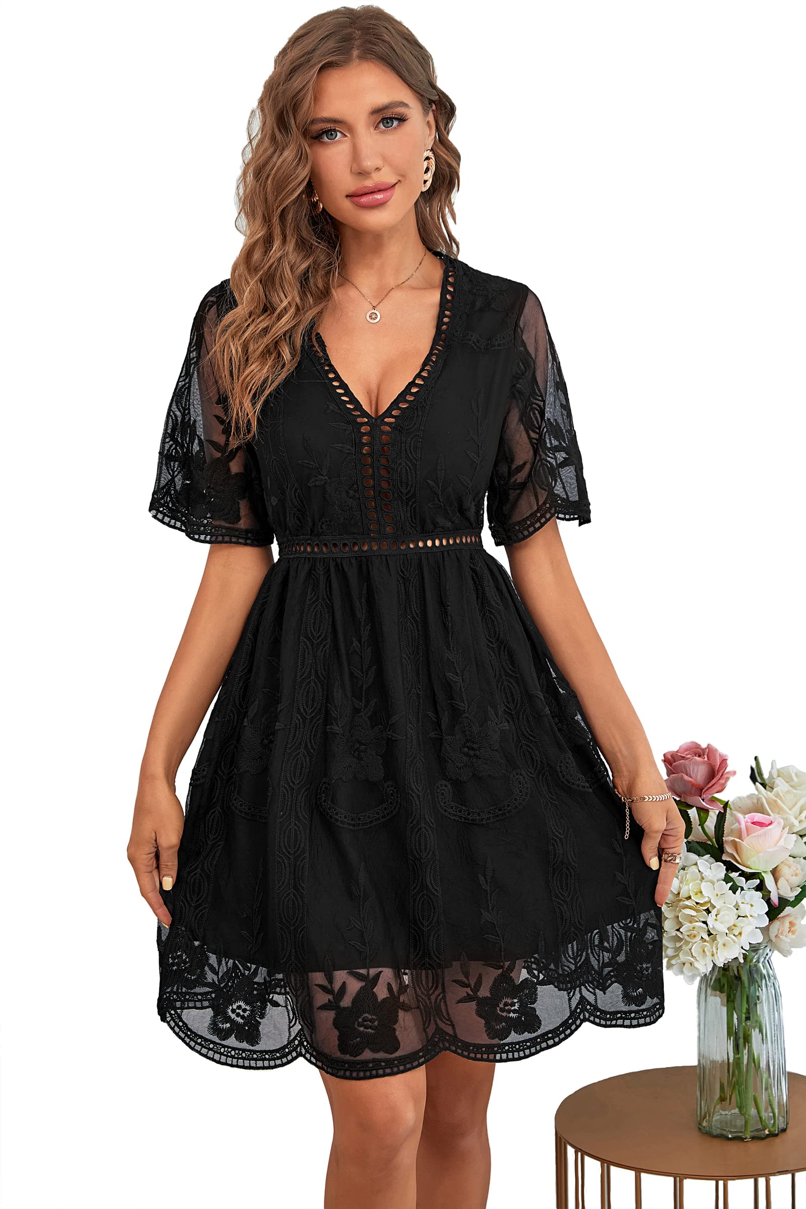 HOYISHION Women's V-Neck Lace Mini Dress - Short Sleeve Floral Embroidered Cocktail Dress for Wedding Guest, Party, Date Night & Special Occasions