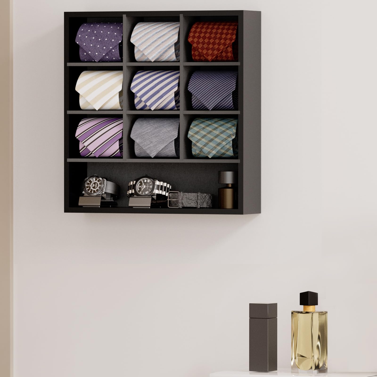 B4Life Bamboo Tie Organizer Wall Mount - 16 Tie Storage Rack with 9 Grids, Space-Saving Closet Accessory for Men's Necktie Display & Organization (Black) - Perfect for Home, Office & Walk-in Closet Organization