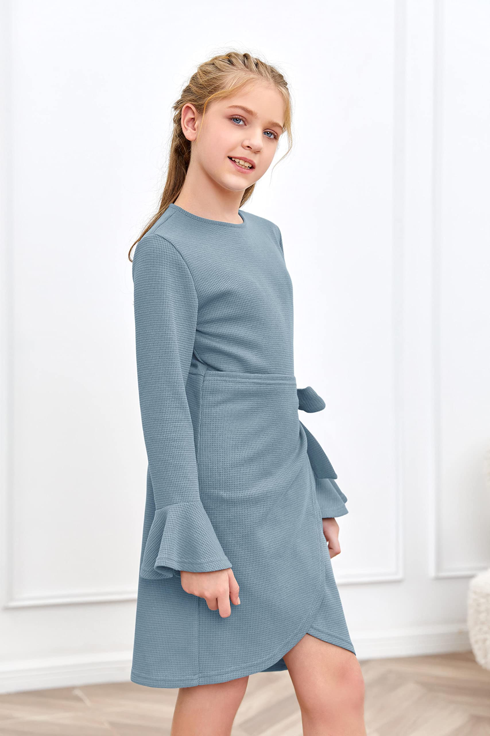 Girl's Midi Dress - Solid Color Waffle Knit Flared Long Sleeve Belted Dress for Kids | Casual School Wear, Holiday Outfits & Family Photos