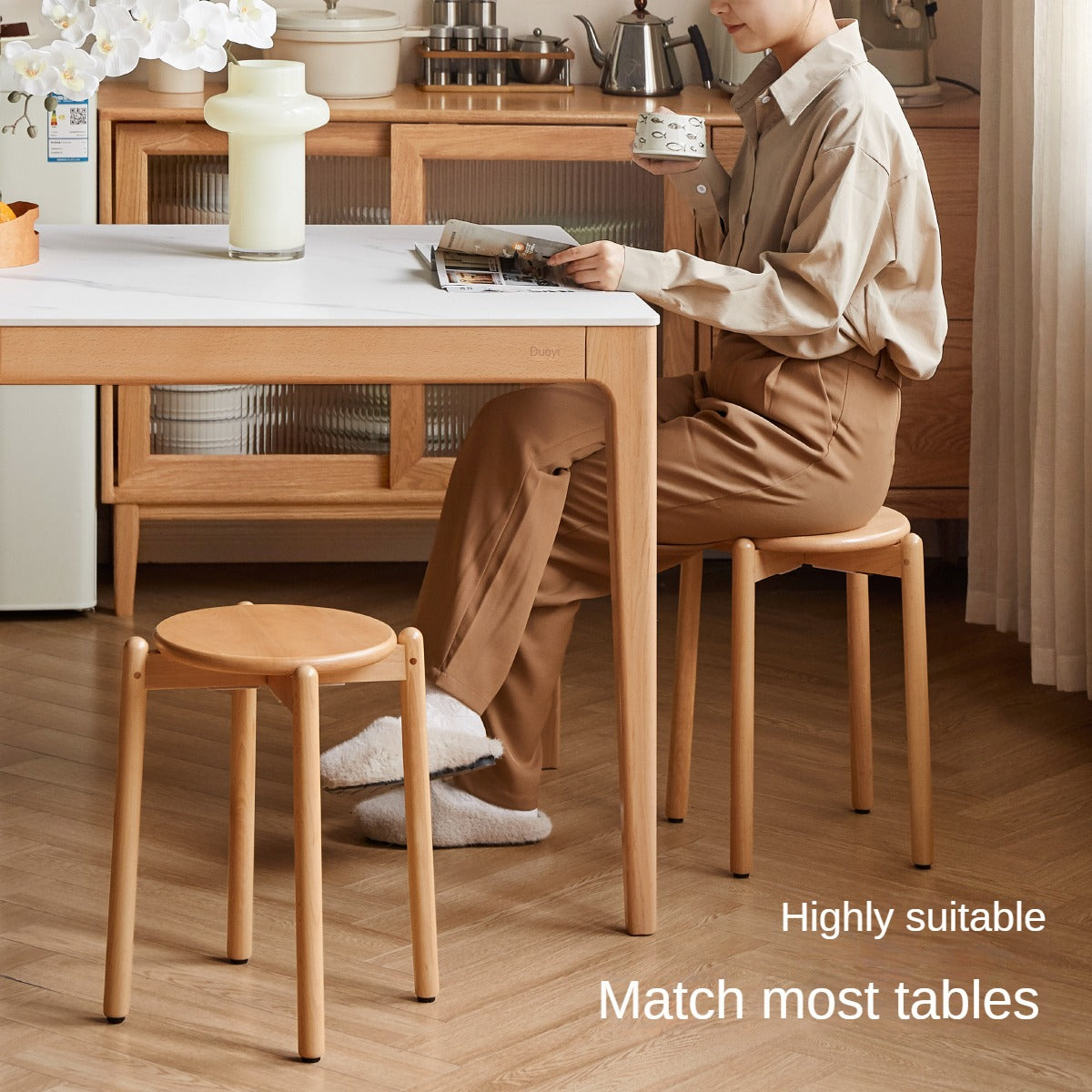 Stackable Beech Wood Stools - Solid Wood Bar Stools for Kitchen, Dining, or Outdoor Use - Space-Saving Seating Solution for Home & Garden