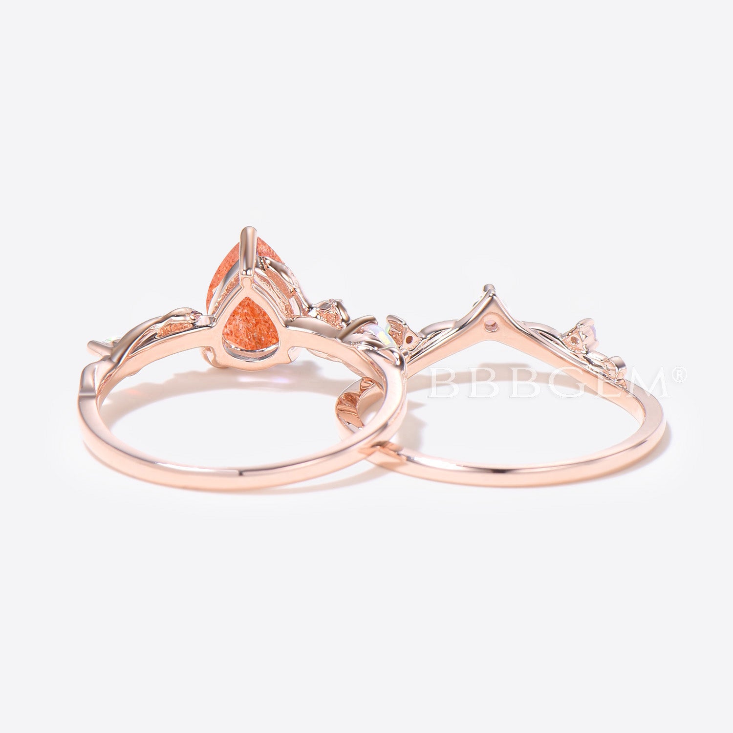 Twig Vine Pear Shaped Sunstone Engagement Ring Leaf Opal Bridal Set - Elegant Nature-Inspired Wedding Jewelry for Brides & Engagement Proposals