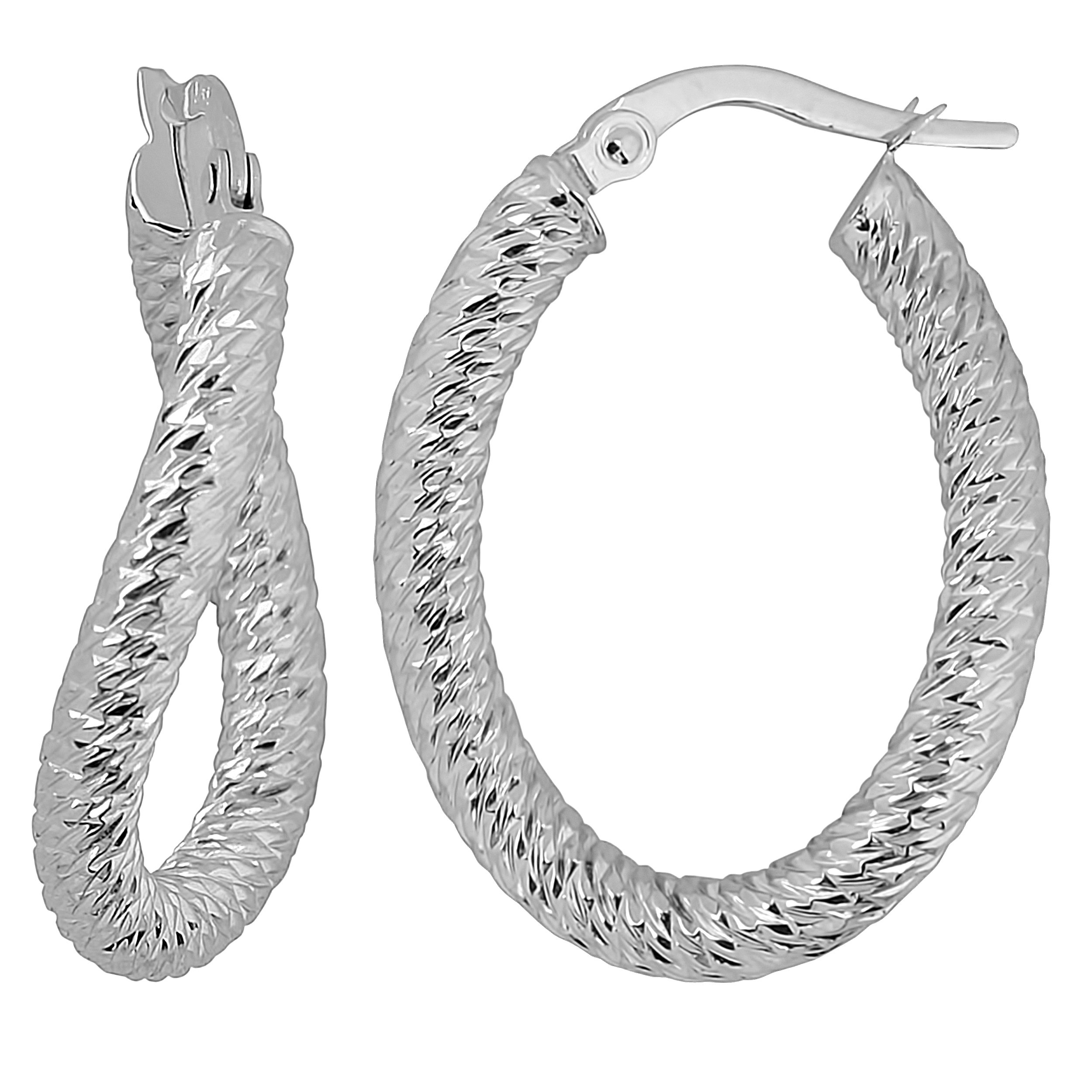 10K White Gold Diamond-Cut Oval Hoop Earrings for Women | Elegant Everyday & Party Jewelry | Kooljewelry
