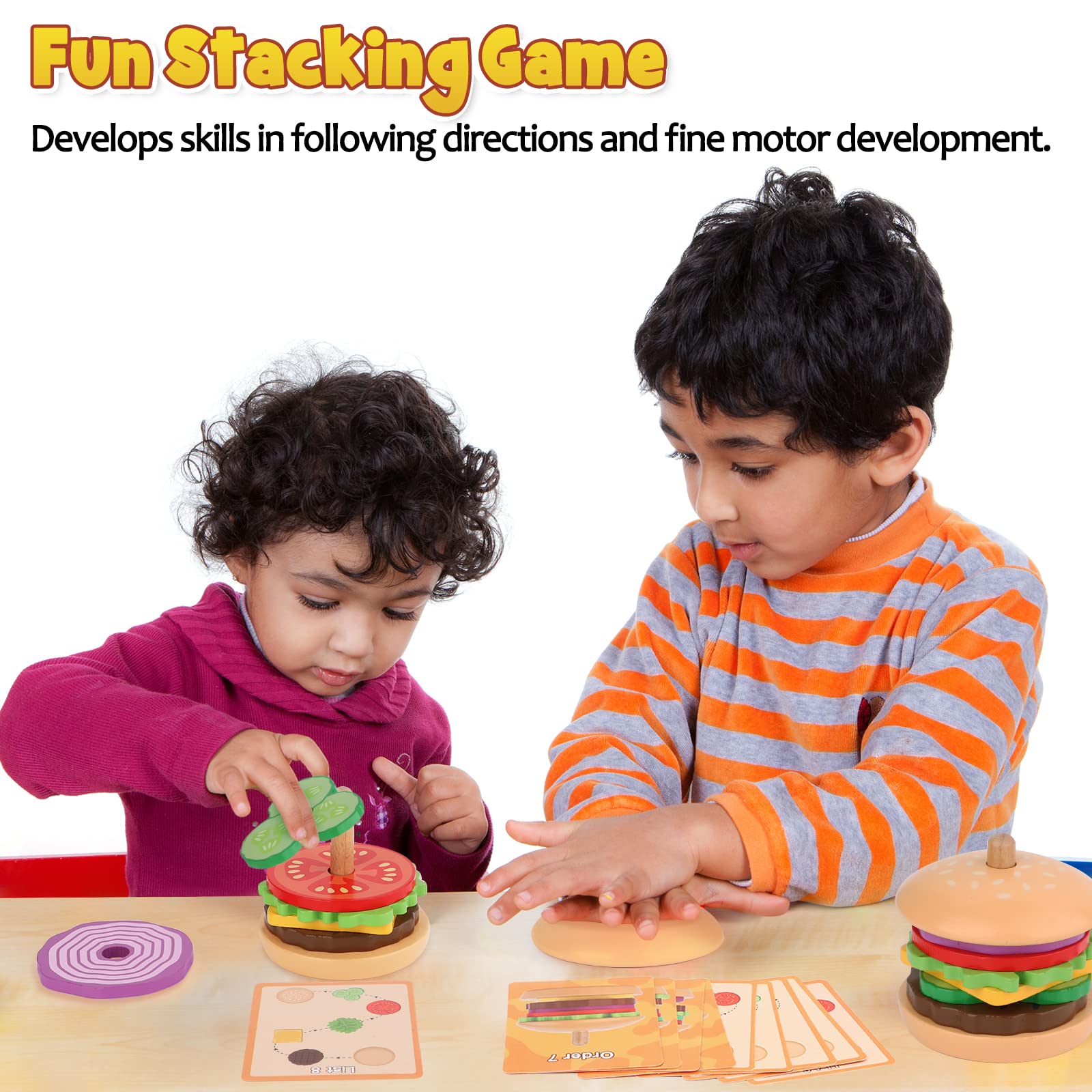Aizweb Wooden Montessori Stacking Toys for Toddlers 3+ Years - Educational Burger Building Blocks for Fine Motor Skills, Preschool Learning & Kids Gifts - Perfect for Home, Classroom & Playroom Activities