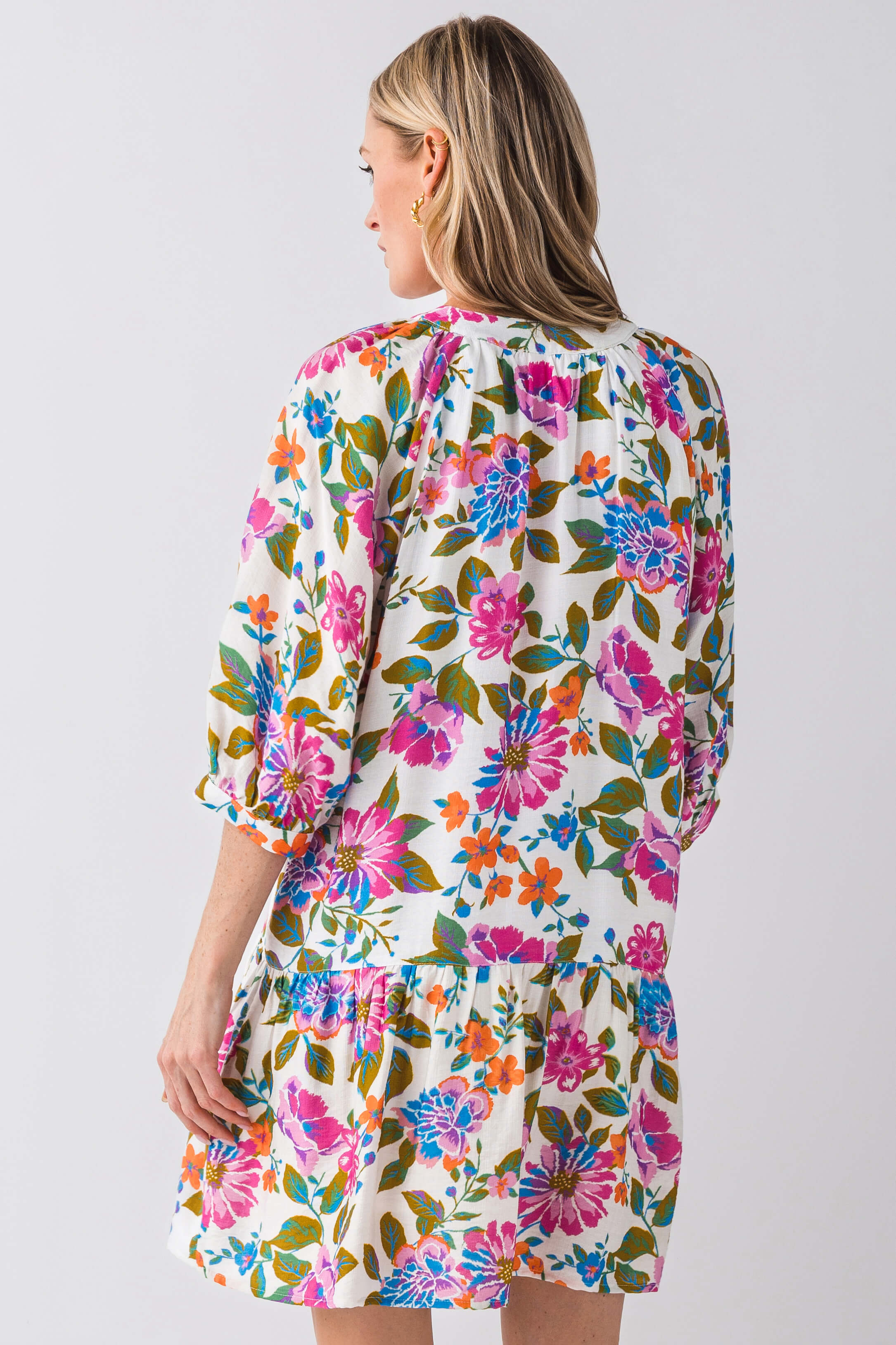 THML Floral Print Split Neck 3/4 Sleeve Summer Dress - Casual Chic Outfit for Women, Perfect for Beach Vacation, Date Night & Office Wear