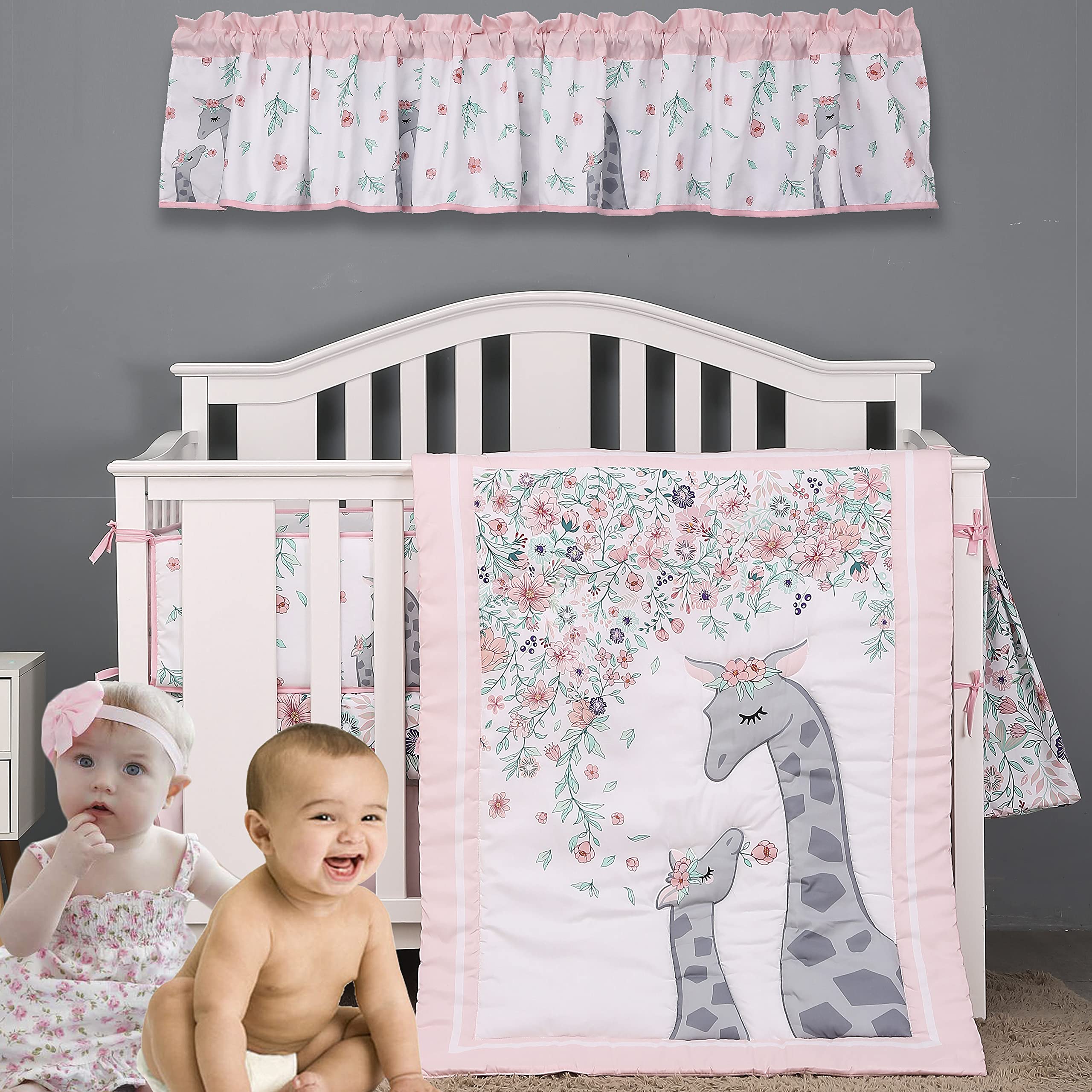 Brandream Jungle Animal Nursery Bedding Set - 6 Piece Giraffe Family Baby Crib Comforter in Grey, Pink & White - Farmhouse Floral Design for Boys & Girls - Perfect for Nursery Decor, Baby Showers & Newborn Gifts