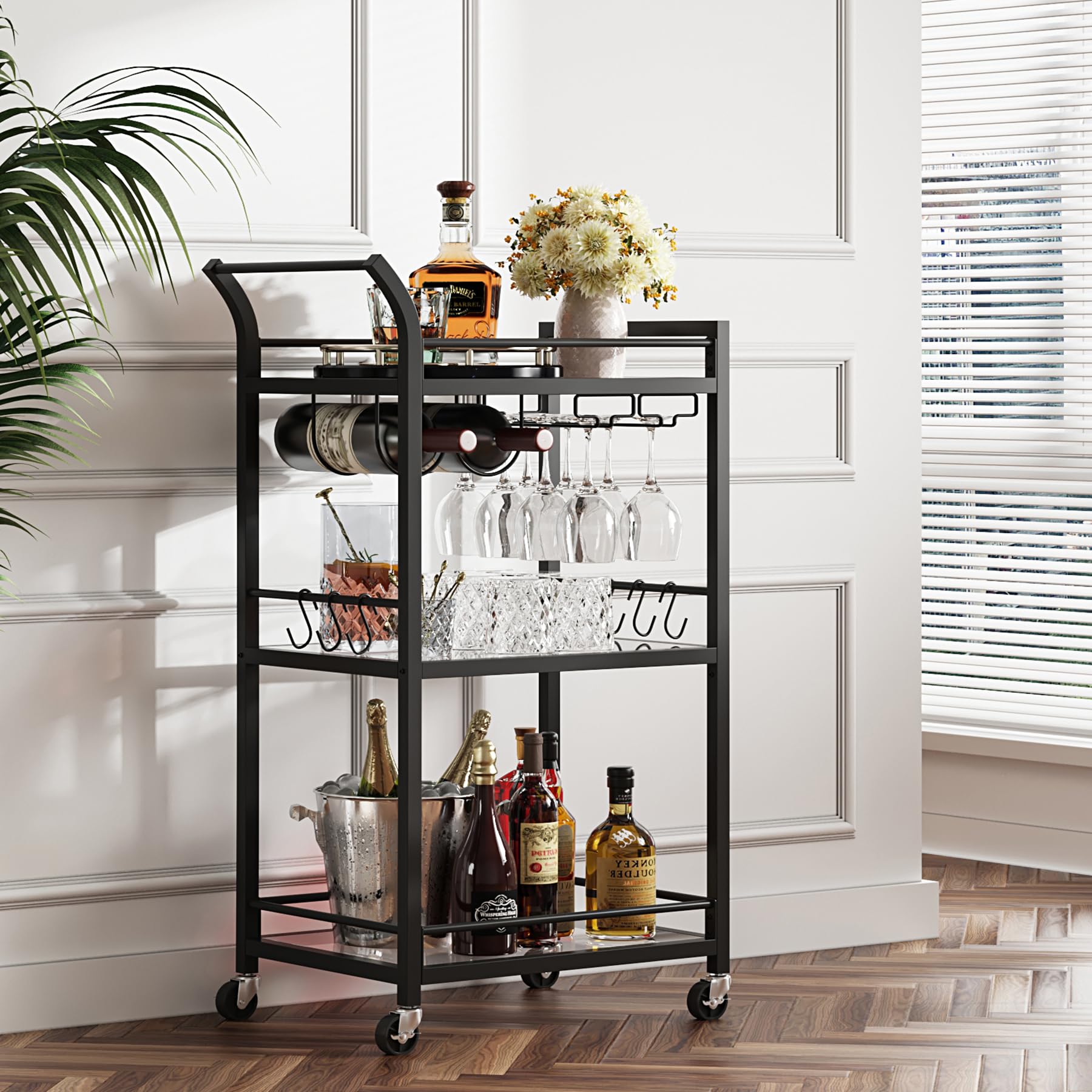 TUTOTAK 3-Tier Bar Cart with Mirrored Shelves - Mobile Rolling Beverage Cart for Wine, Drinks & Kitchen Storage - Black BC01BK034 | Perfect for Home Bars, Parties & Small Space Living