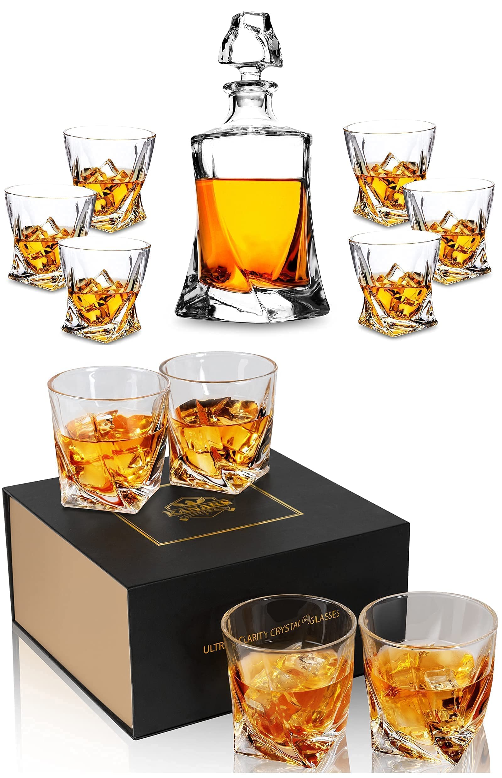 KANARS Premium Crystal Whiskey Decanter Set - Handcrafted Liquor Decanter with 6 Old Fashioned Glasses for Scotch, Bourbon & Whisky | Elegant Barware for Home Entertaining, Wedding Gifts & Man Cave Decor (11-Piece Set)