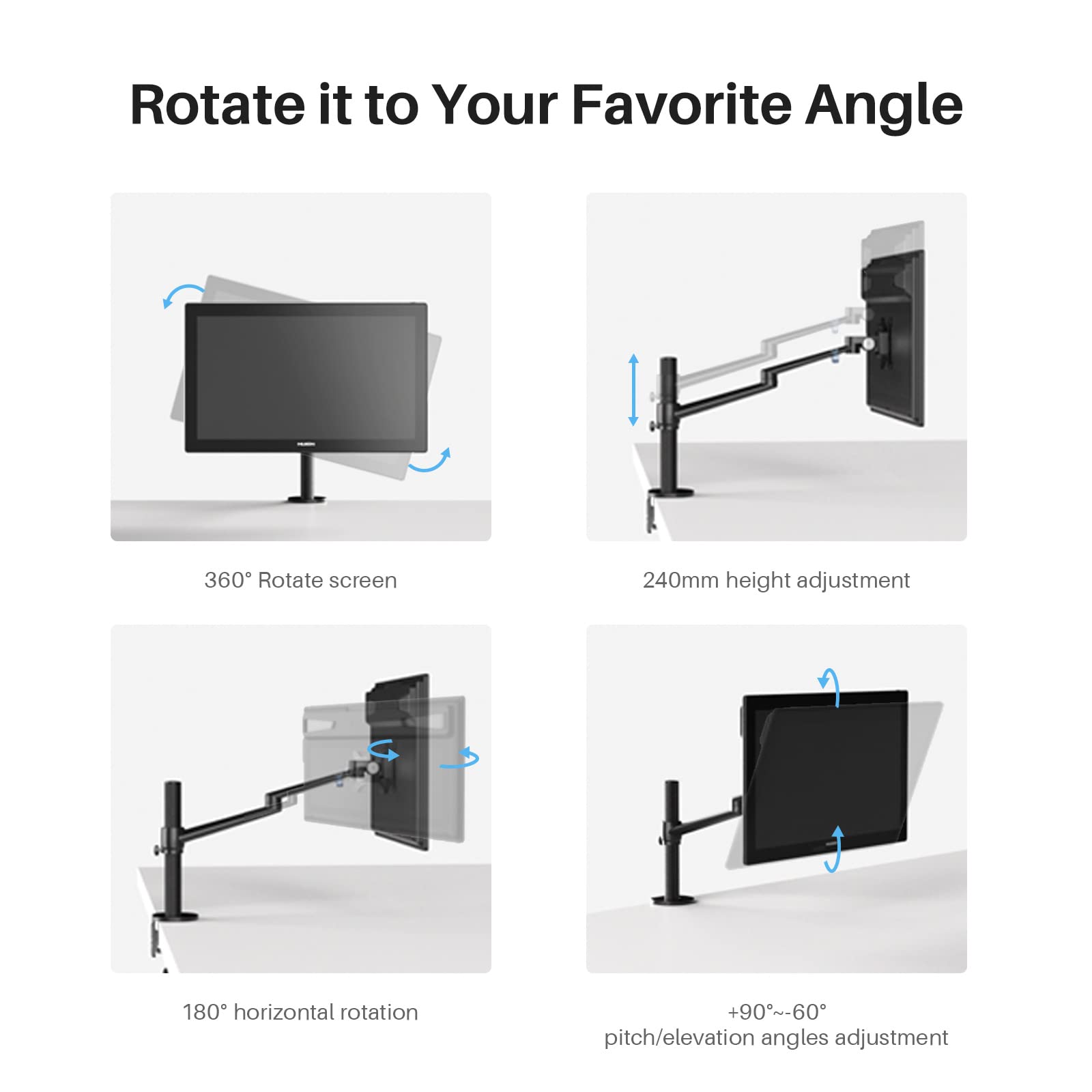 HUION ST410 Single Monitor Arm - Heavy Duty Adjustable Desk Mount with C-Clamp/Grommet, Full Motion VESA Bracket for 13-32 Inch Screens up to 17.6lbs - Perfect for Home Office, Gaming & Workspace Setup
