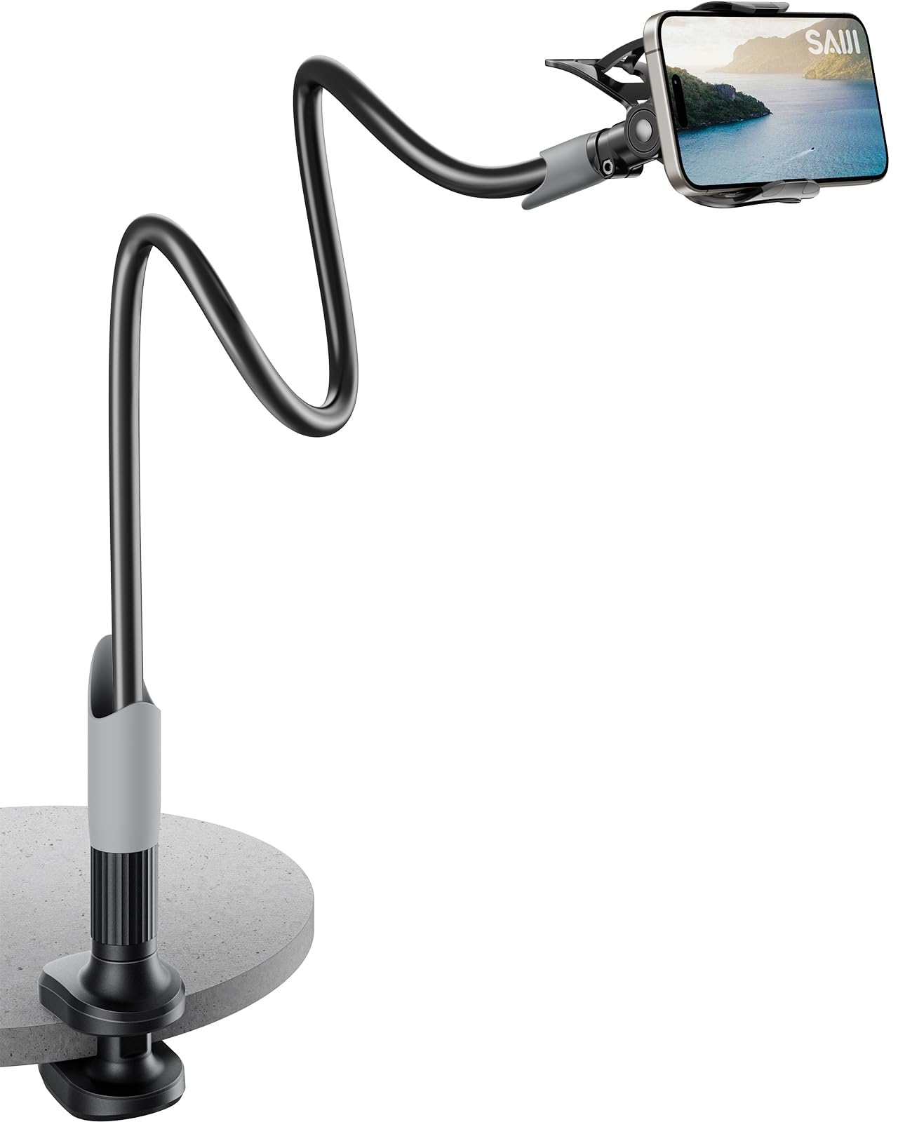 SAIJI Adjustable Gooseneck Phone Holder - Flexible Long Arm Phone Mount for Desk, Clip Stand for iPhone, Samsung, Nintendo Switch - Perfect for Reading, Gaming & Video Calls (Black)