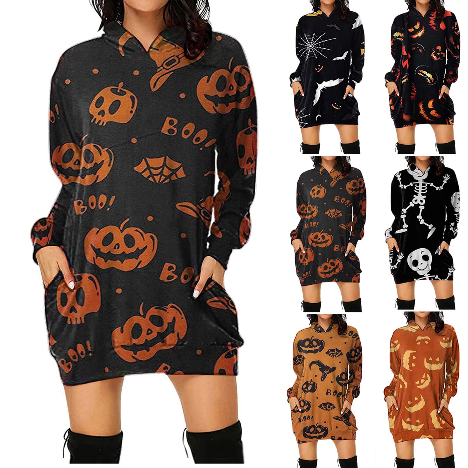 ZUPIIY Women's Halloween Sweatshirt Dress with Pocket - Pumpkin Print Crewneck Long Sleeve Hoodie Dress for Fall Parties & Cozy Outfits