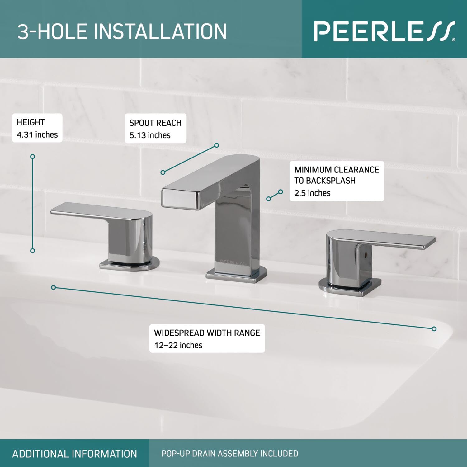 Peerless Xander Widespread Bathroom Faucet - 3 Hole Chrome Bathroom Sink Faucet with Drain Assembly (Model P3519LF) - Perfect for Modern Bathroom Renovations and Vanity Upgrades