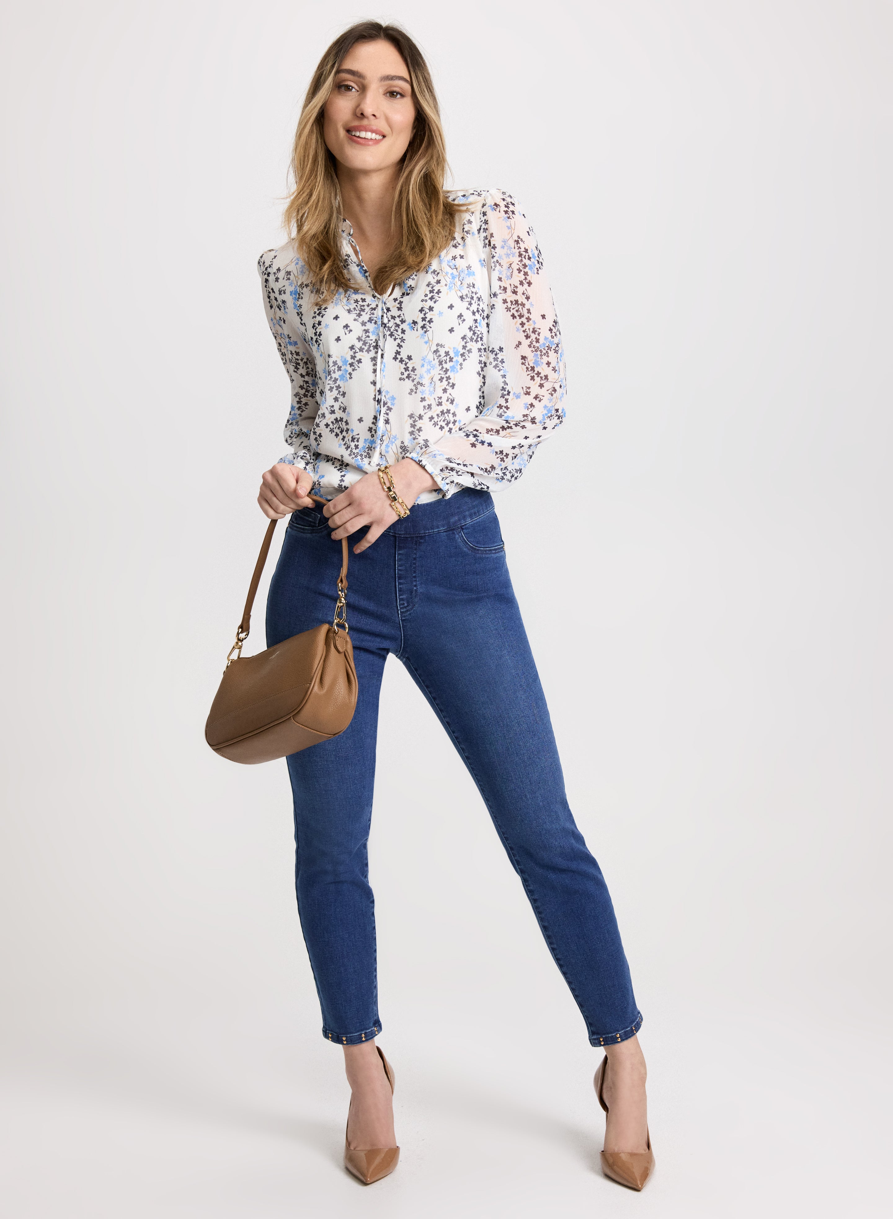 Floral Ruffle Neck Blouse & High Waisted Slim Leg Jeans Set - Women's Elegant Office Wear & Casual Outfit for Spring Summer