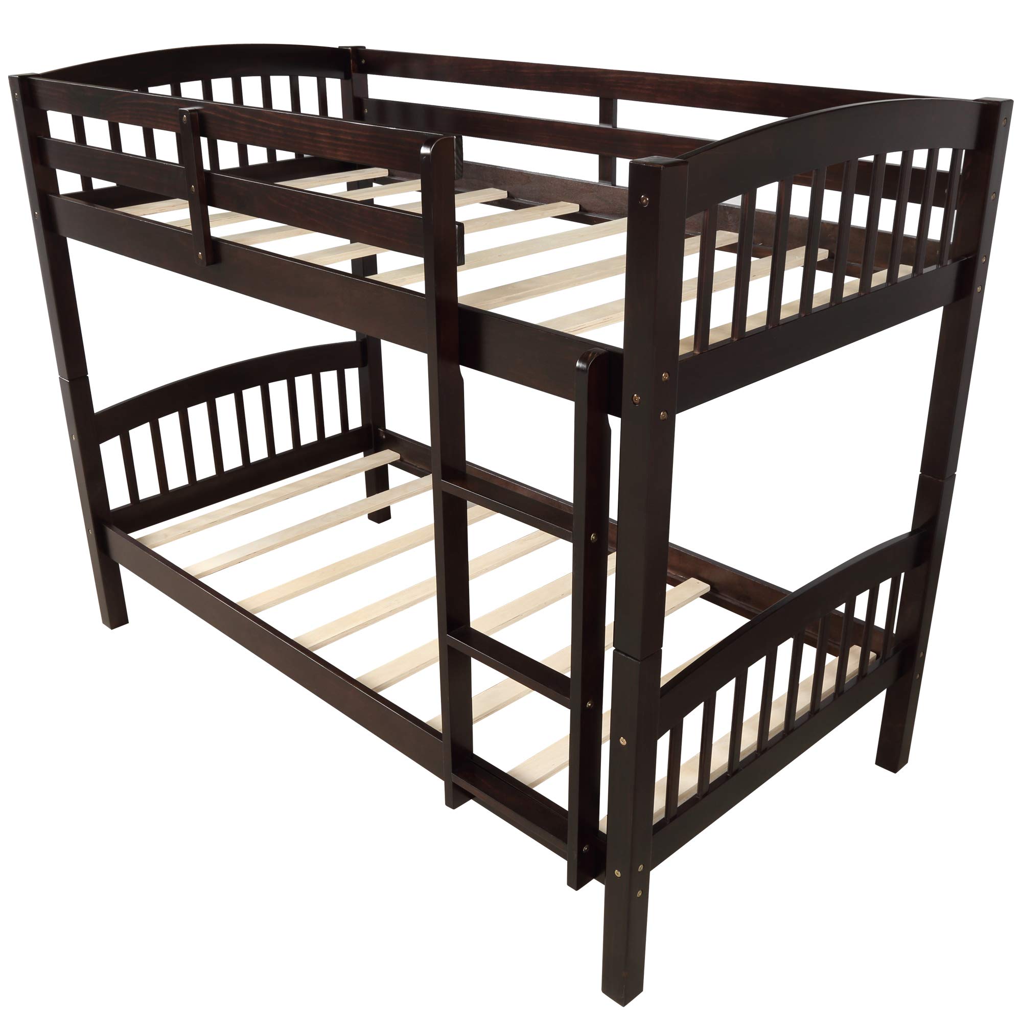 JULYFOX Twin Over Twin Bunk Bed with Finsbury Headboard - Heavy Duty 500 LB Capacity Wooden Bed Frame, No Box Spring Needed, Includes Ladder & Safety Guard Rails - Space Saving Solution for Kids Rooms, Guest Rooms & Small Apartments (Espresso)