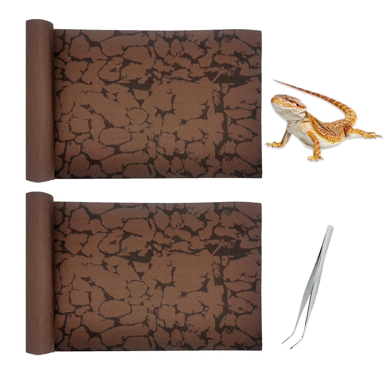 Premium Reptile Carpet Sand Mat - 12x20In (2 Pcs) Bearded Dragon Terrarium Substrate, Leopard Gecko Tank Liner, Lizard Bedding for Tortoise, Turtle, Snake & Chameleon | Natural Brown | Includes Tweezers | Ideal for Reptile Habitats & Easy Cleaning