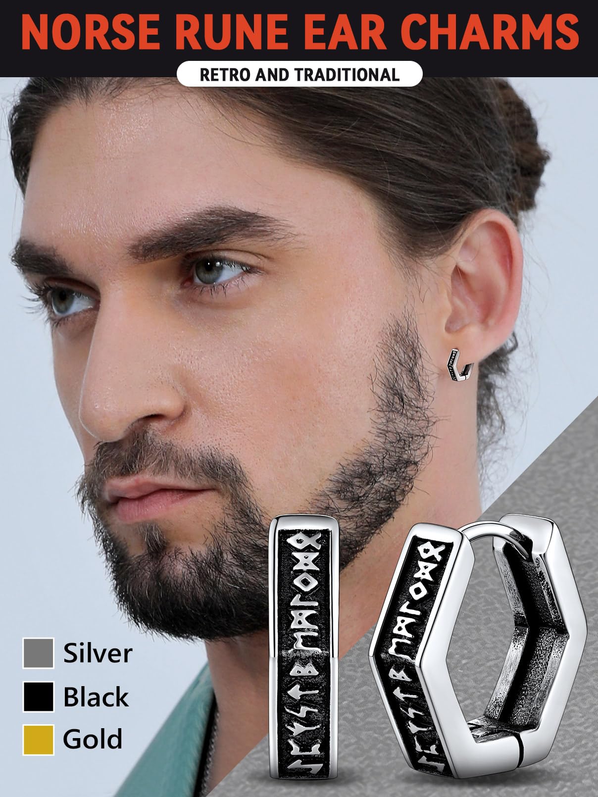 FaithHeart Norse Viking Runes Hoop Earrings for Men - Hypoallergenic Stainless Steel Punk Huggie Earrings - Norse Mythology Jewelry Gifts with Delicate Packaging - Perfect for Viking Lovers, Cosplay & Everyday Wear