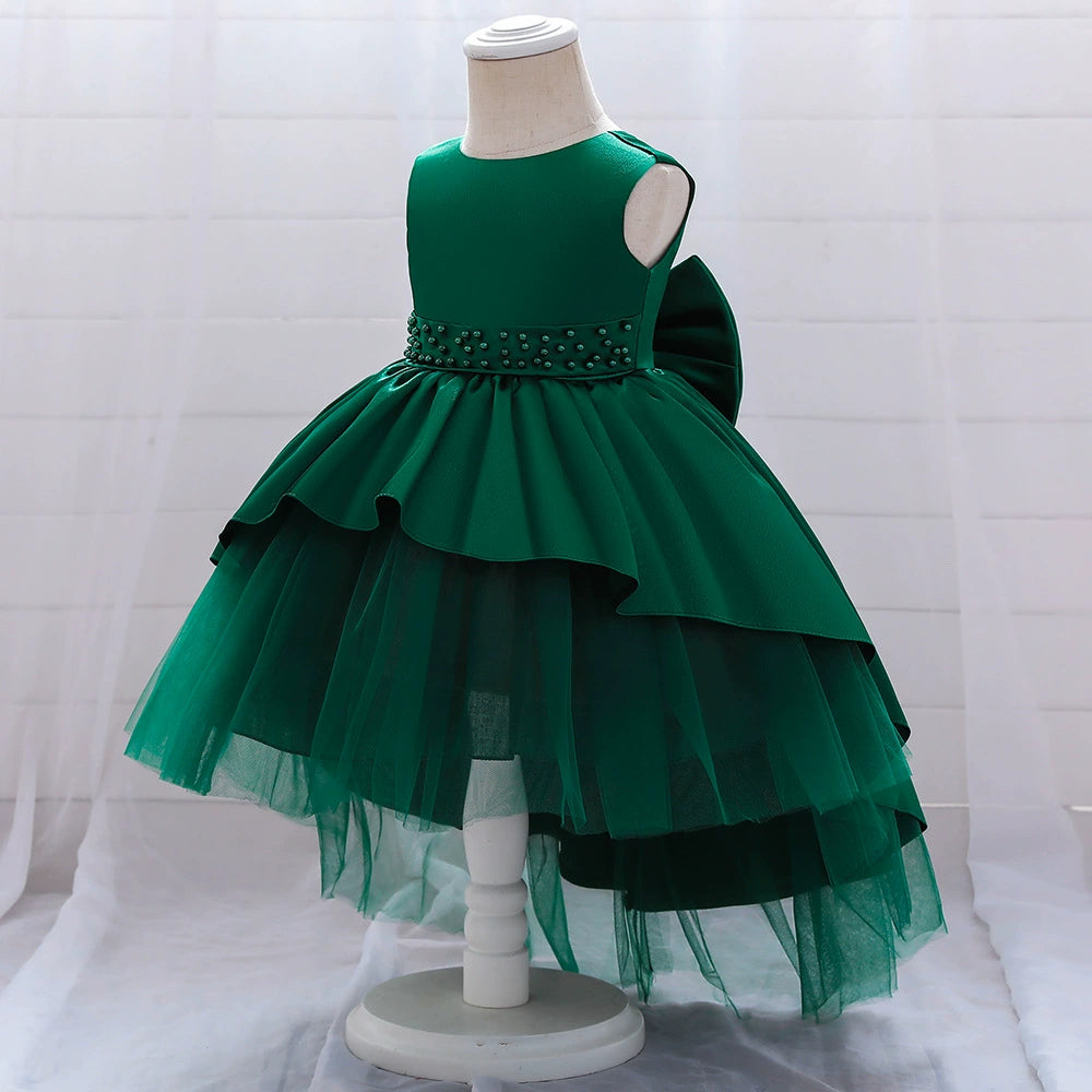Green Princess Round Tea Length Satin Flower Girl Dress for Weddings & Special Occasions