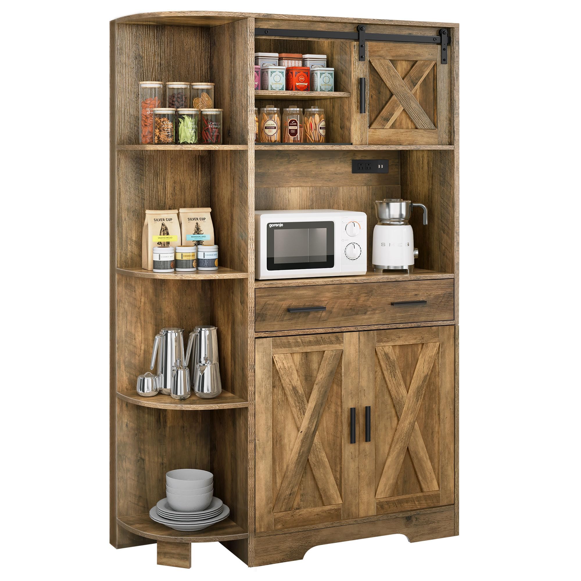 YITAHOME 67 Inch Farmhouse Kitchen Pantry Cabinet with Sliding Barn Door & Power Outlet - Freestanding Storage Hutch with Shelves, Drawers - Microwave Stand, Large Cupboard for Dining Room & Kitchen - Oak Finish - Perfect for Small Space Organization & Home Decor