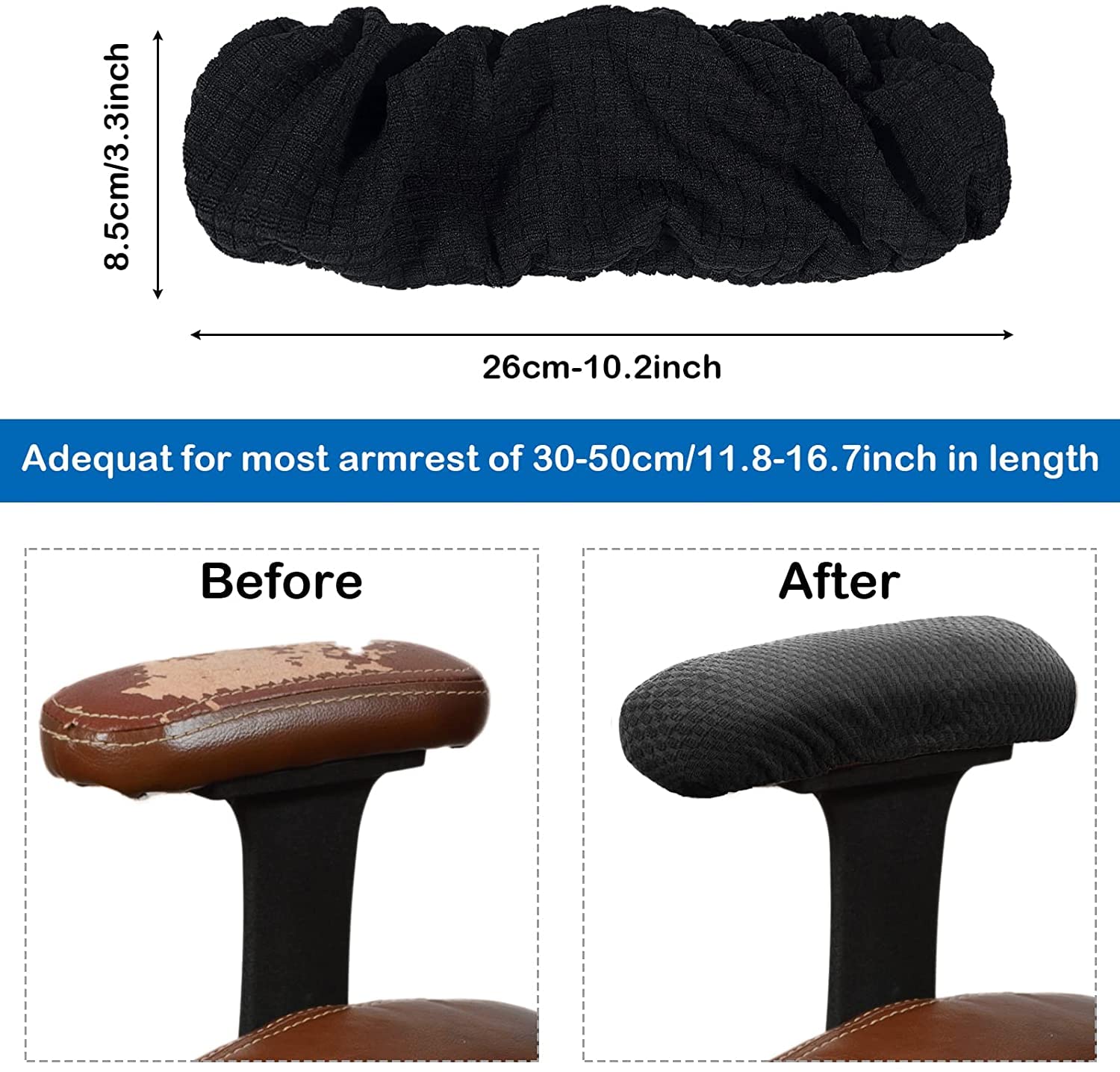 Ergonomic Office Chair Armrest Covers - Stretchable Slipcover Protector Sleeves for Computer Gaming Desk & Rotating Chairs - Easy Installation & Cleaning - Comfortable Matt Black (1 Pair) - Perfect for Home Office, Gaming Setup & Workspace Comfort