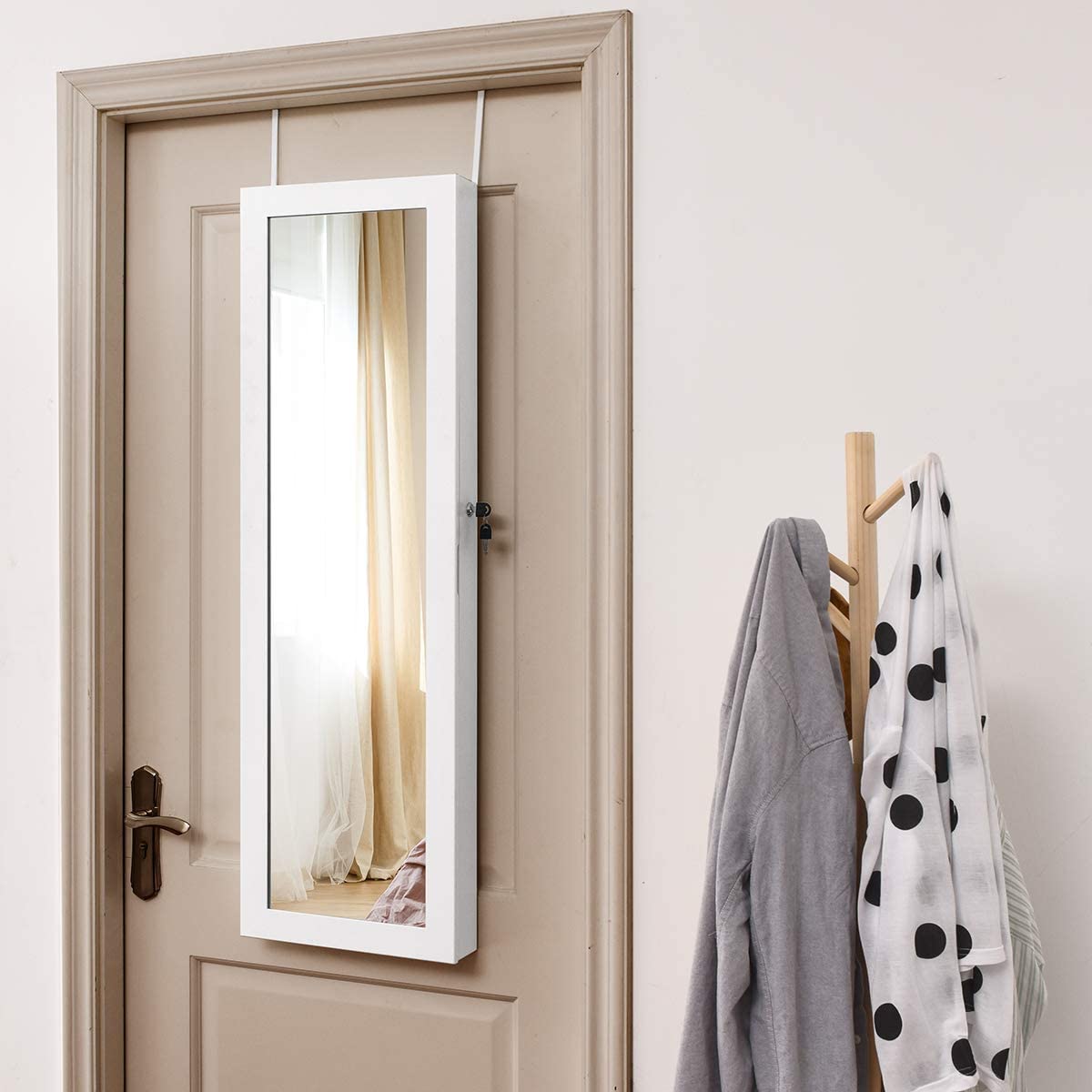 MAT EXPERT 15-LED Lighted Jewelry Armoire with Full-Length Mirror - Wall/Door Mounted Lockable Jewelry Cabinet Organizer for Bedroom, Dressing Room & Makeup Display - White Jewelry Storage Solution for Necklaces, Rings & Accessories