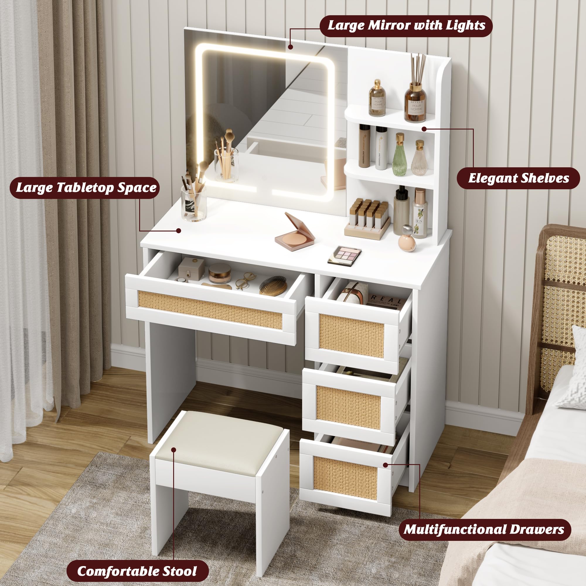 GAOMON White Rattan Makeup Vanity Desk with Mirror & LED Lights - 4 Drawers & 3-Tier Open Shelves for Storage - Boho Style Vanity Table for Bedroom, Dressing Room & Beauty Salon - Perfect for Makeup Organization & Home Decor