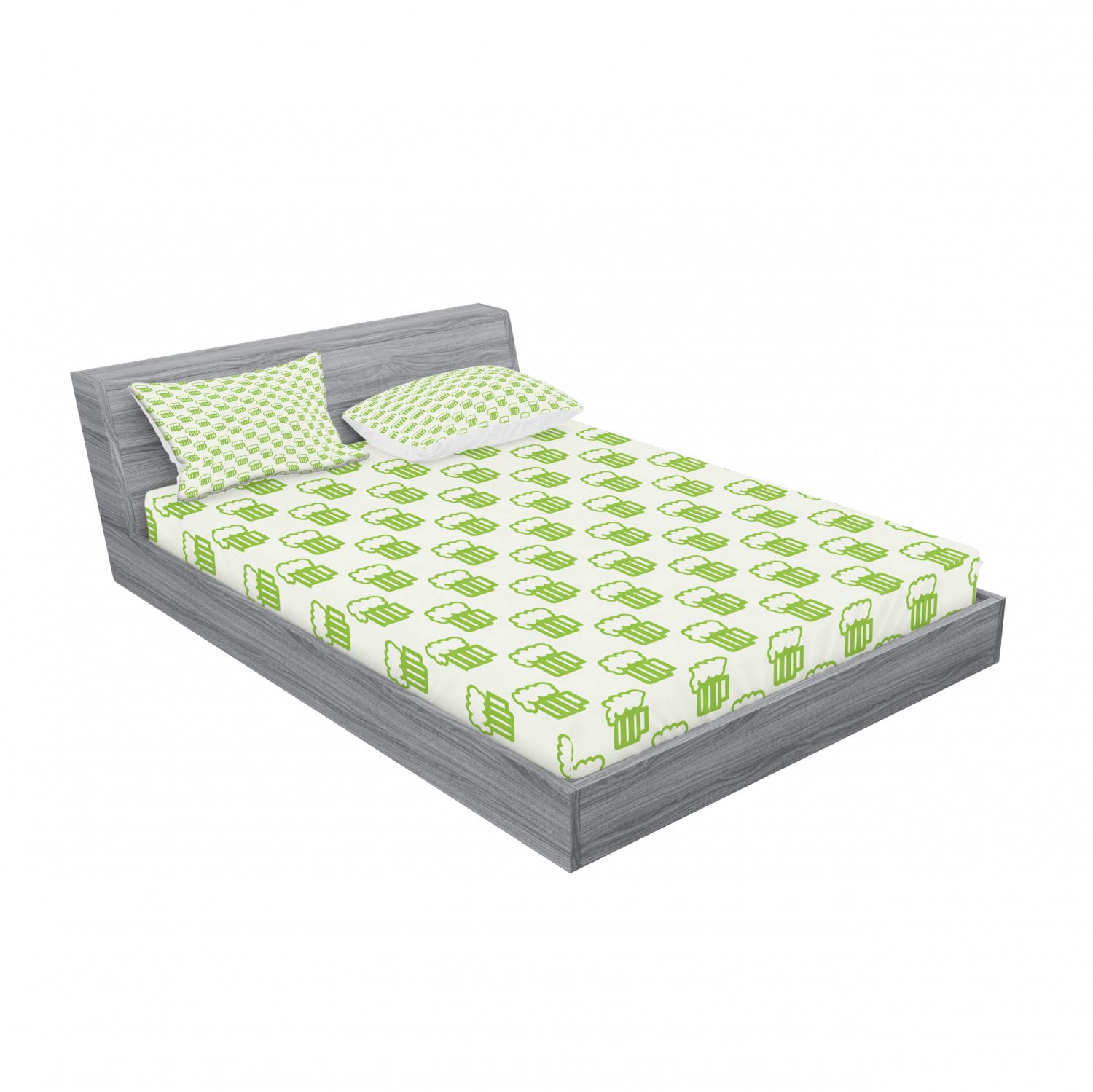 Ambesonne 2-Piece Queen Size Fitted Sheet Set with 4 Pillow Shams - Foamy Beer Glasses Design in Apple Green & White - Soft Bedding Decor for Guest Rooms, Dorms, or Themed Parties - Breathable & Wrinkle-Resistant Sheets