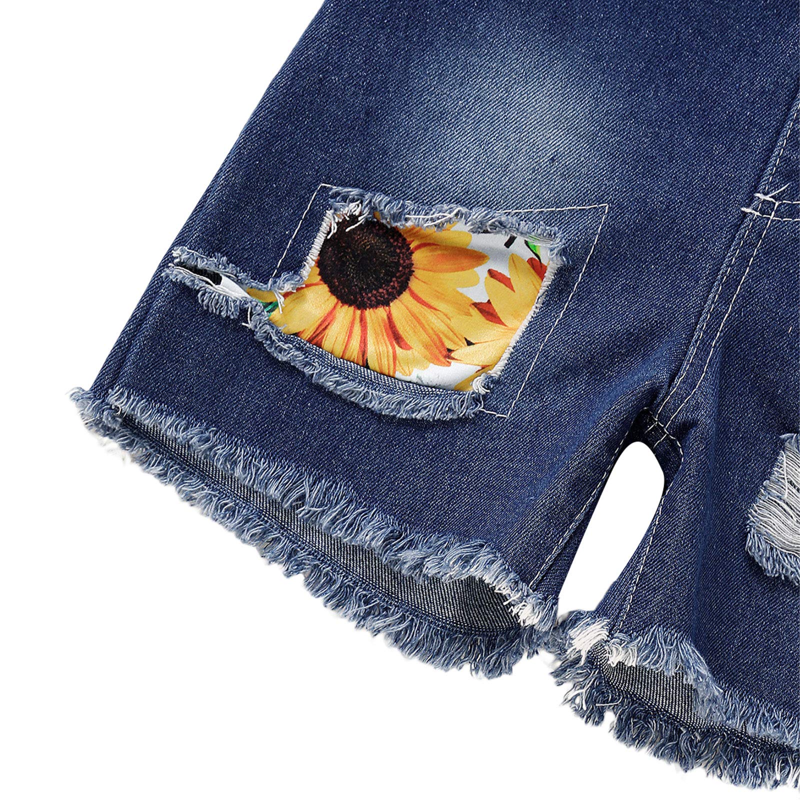 Girls' Sunflower Print Denim Overalls Rompers with Suspenders & Pockets - Toddler One-Piece Outfit for Playdates & Summer Adventures
