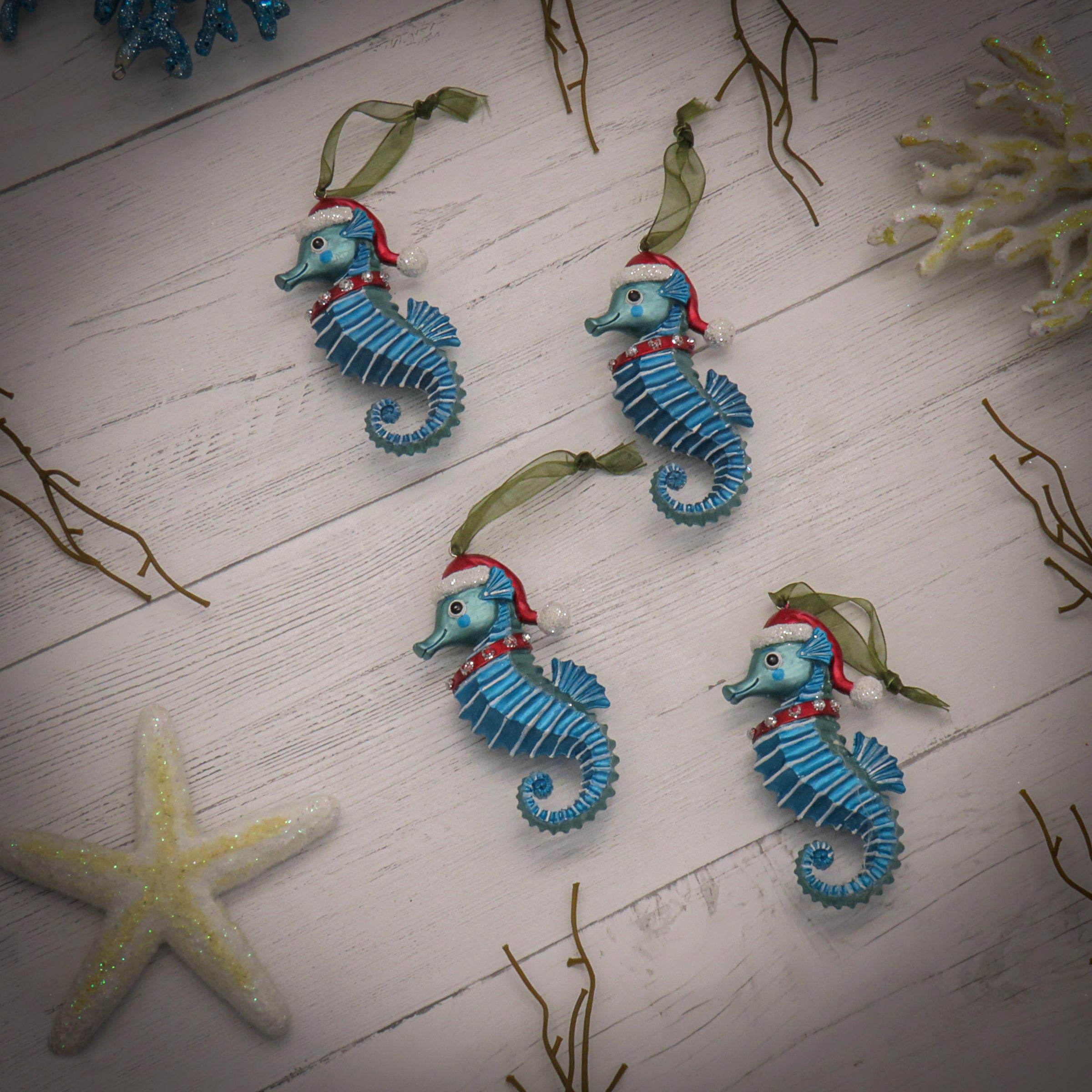 4 Piece HGTV Home Collection Teal Seahorse Ornaments - Coastal Decor for Bathroom, Bedroom & Living Room - Unique Ceramic Seahorse Figurines for Beach House Decor