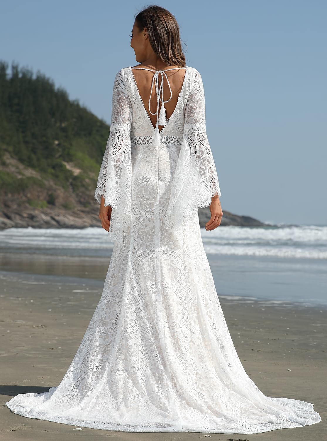 YMFFW 2025 Boho Lace Wedding Dress - Long Sleeve Sweetheart Mermaid Gown for Bride, Beach & Destination Weddings | Elegant Lace Bridal Gown for Outdoor, Garden & Seaside Ceremonies