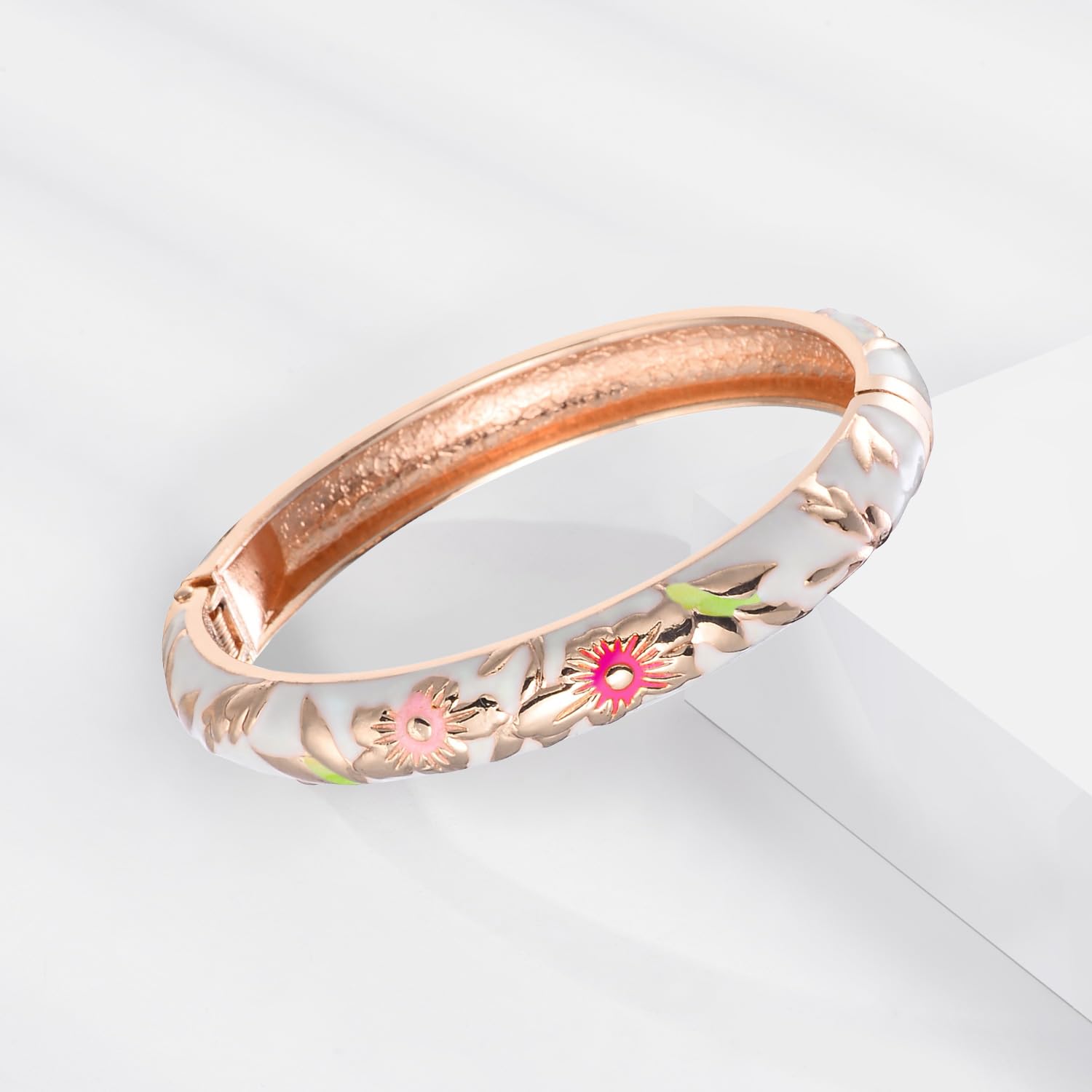 Vintage Cloisonne Flower Enamel Bracelet - Gold Plated Cuff Bangle for Women, Elegant Handmade Jewelry Gift Box (55A35) - Perfect for Parties, Weddings & Special Occasions