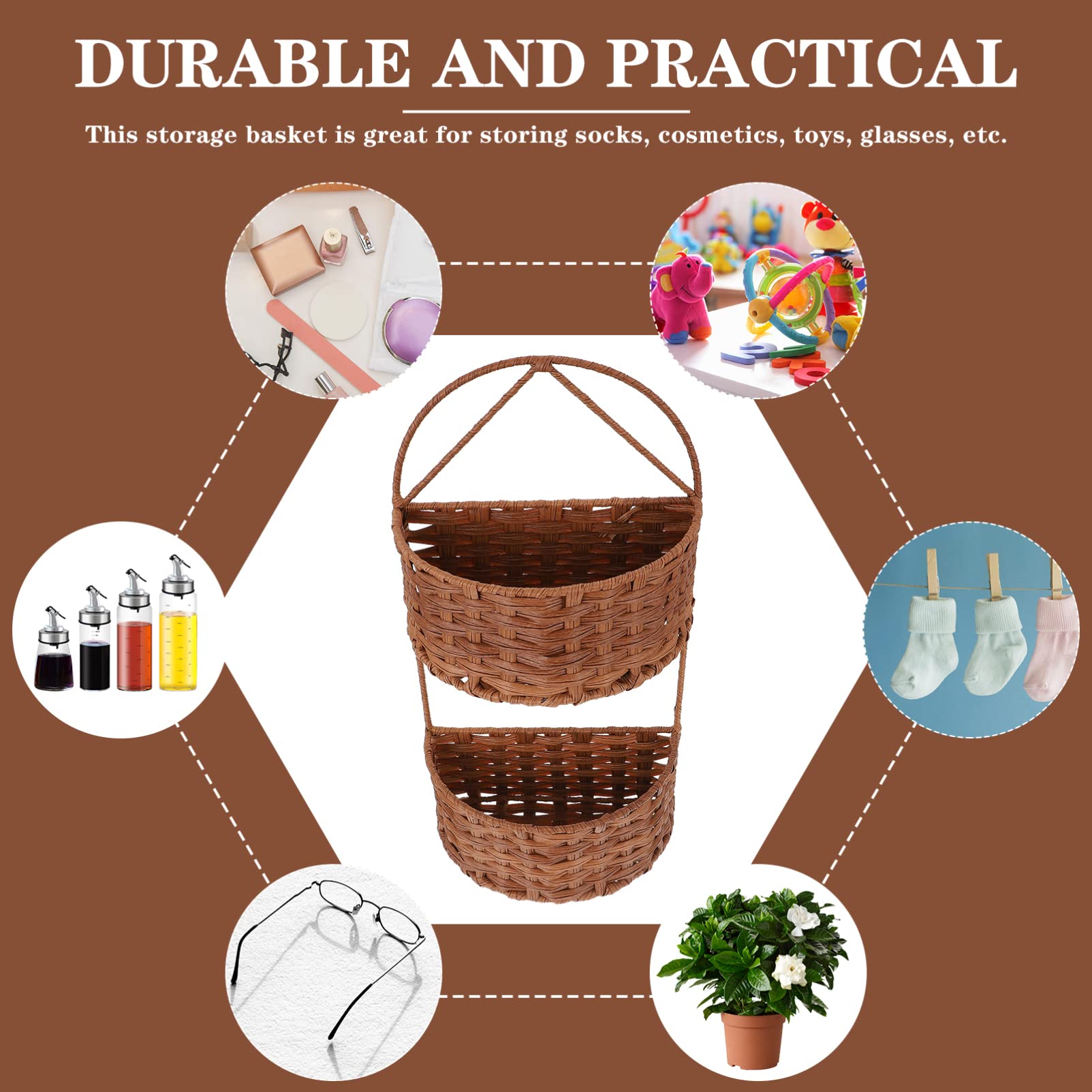 VOSAREA 2-Tier Wall Hanging Basket - Rattan Woven Storage Organizer for Sundries, Home Decor & Wall Decor | Perfect for Bathroom, Kitchen, Bedroom Organization & Farmhouse Style Decorating