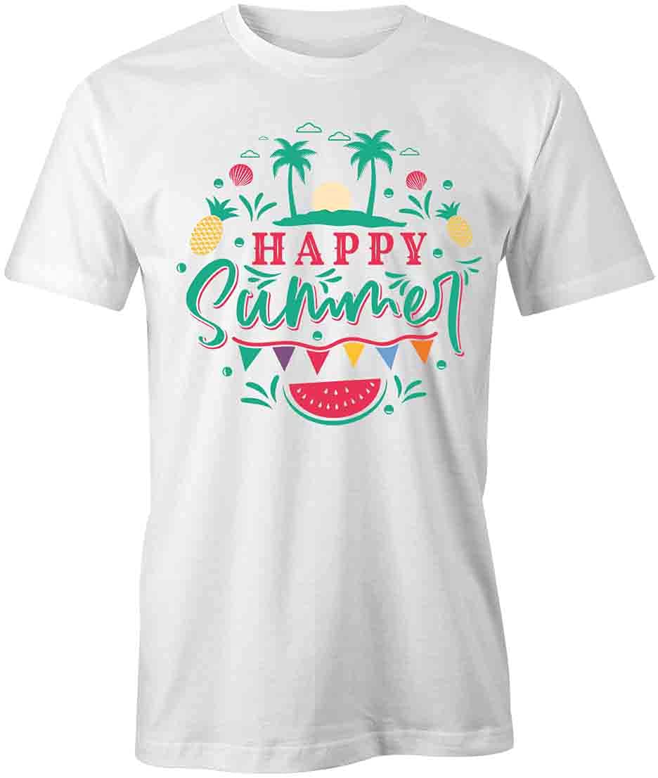 Happy Summer Graphic T-Shirt for Women & Men - Soft Cotton White Printed Tee - Casual Wear, Beach Vacation, Summer Outfits