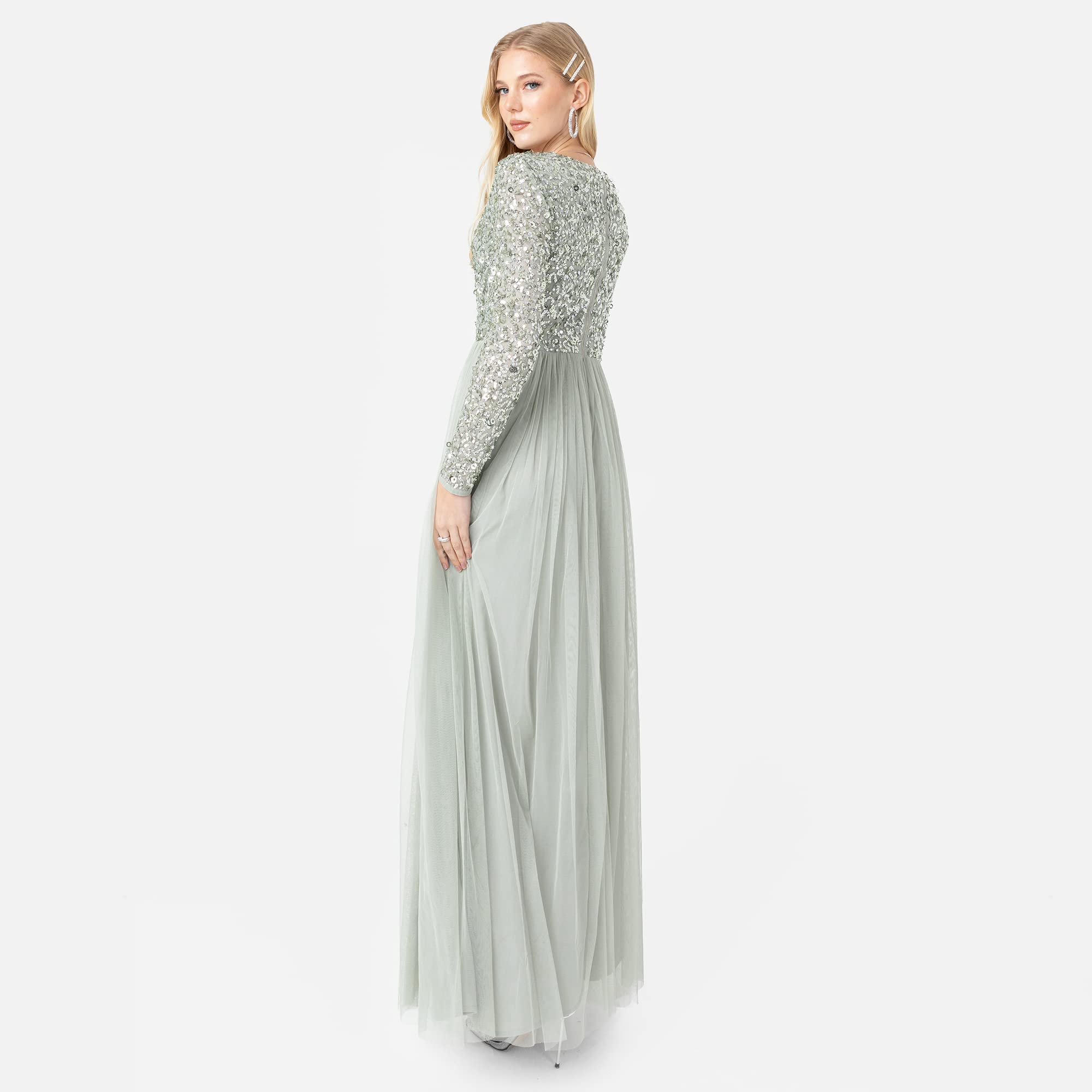 Elegant Long Sleeve V-Neck Sequin Embellished Maxi Dress for Women - Perfect for Wedding Guest, Bridesmaid, Prom & Evening Parties