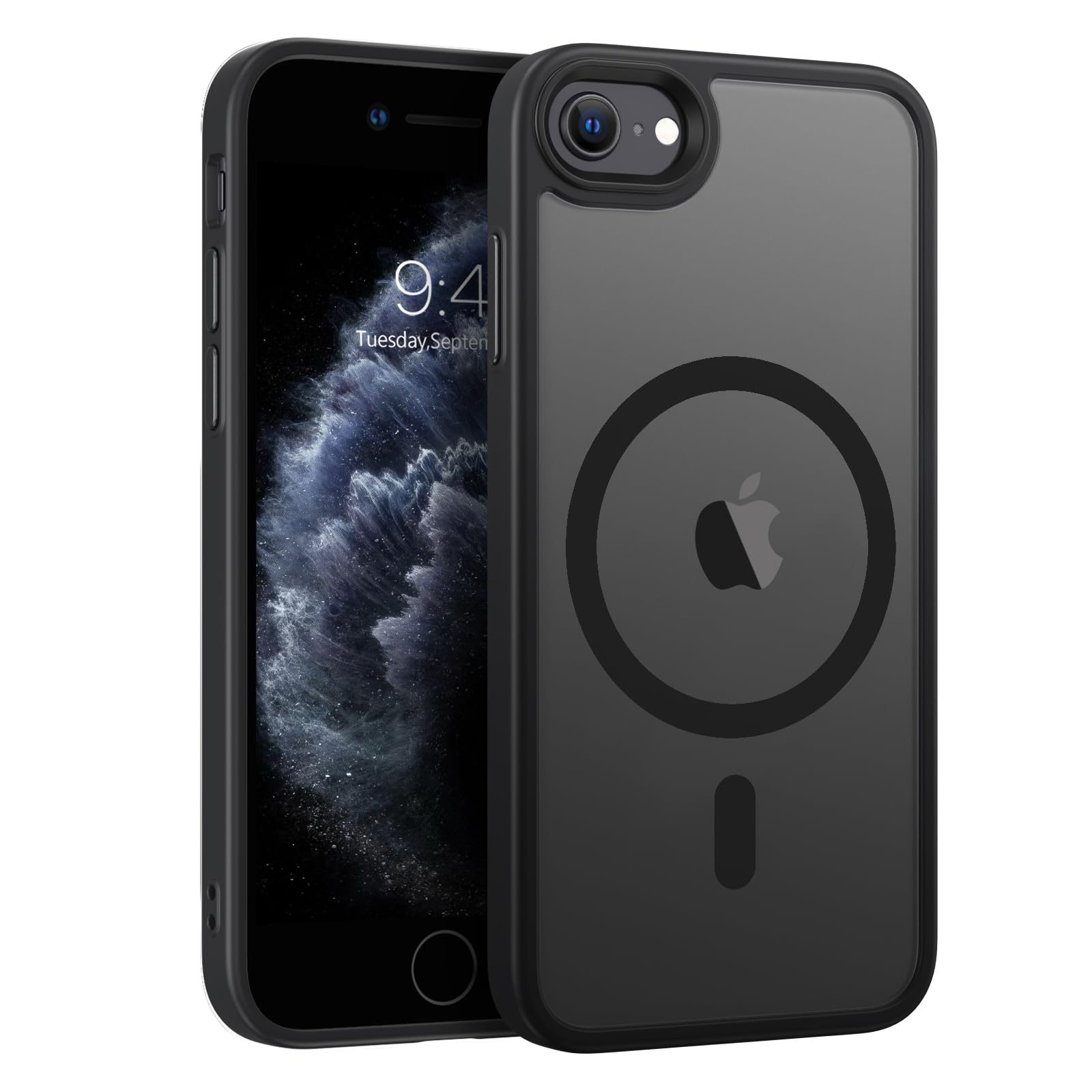 Magnetic iPhone SE Case (2020/2022) & iPhone 8/7 Case - Magsafe Compatible, Translucent Matte Finish, Anti-Scratch Protection - Perfect for Everyday Use, Commuting & Wireless Charging - Black