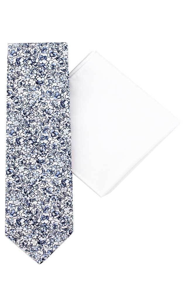 L A Smith Blue and White Floral Cotton Tie and Hank Set - Elegant Matching Accessories for Weddings, Parties & Formal Events