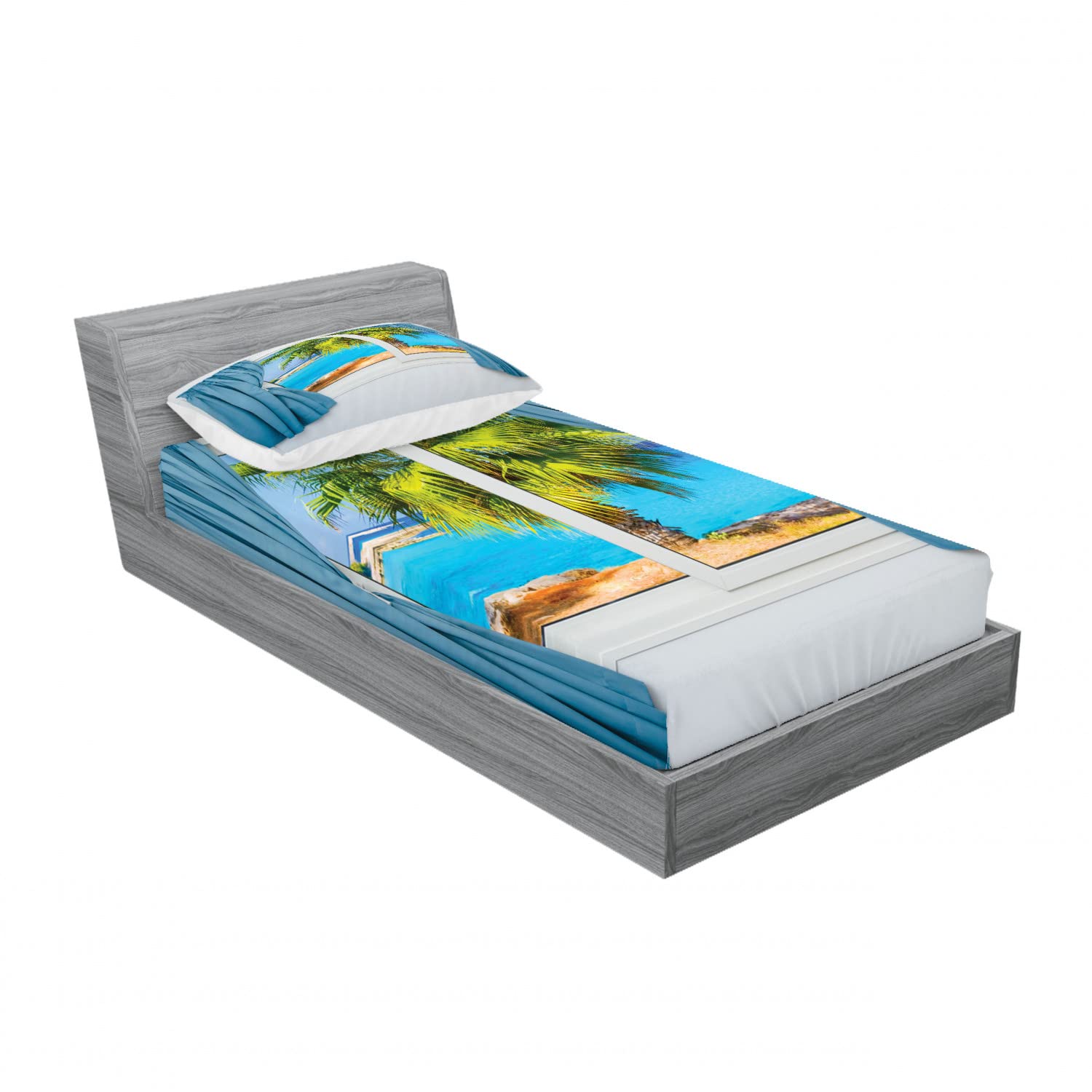 Ambesonne 2-Pack Twin Fitted Sheets & Pillow Sham Set - Tropical Beach Sunset Design, Blue Green Ocean Themed Bedding (4-Piece Set) | Perfect for Guest Rooms, Beach Houses & Vacation Rental Decor