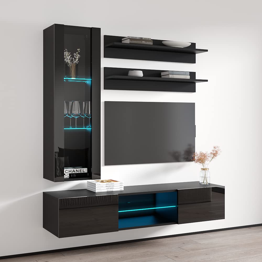 Modern Wall-Mounted TV Stand with Storage & LED Lights - Floating Entertainment Center Console for Living Room & Bedroom - H2 33
