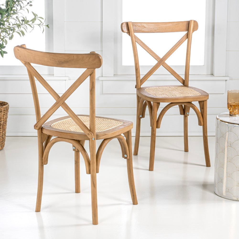 Handwoven Cassis Traditional X-Back Rattan Dining Chair - Natural Wood Finish for Indoor & Outdoor Use - Perfect for Patio, Garden, and Dining Room Decor