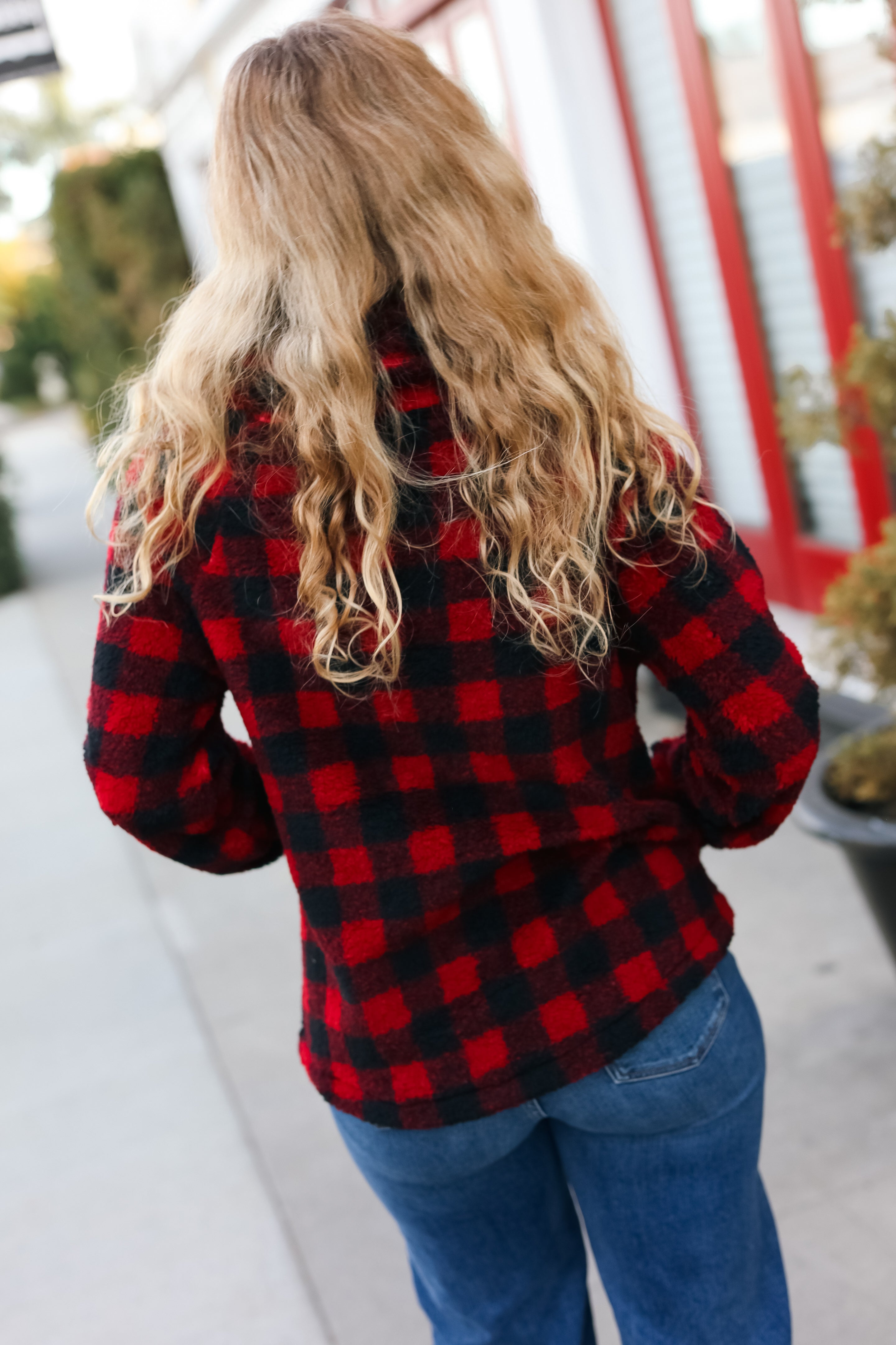 Cozy Red Sherpa Plaid Asymmetrical Zip Sweater Top for Women - Winter Fashion Layering Piece for Casual Outfits & Outdoor Activities