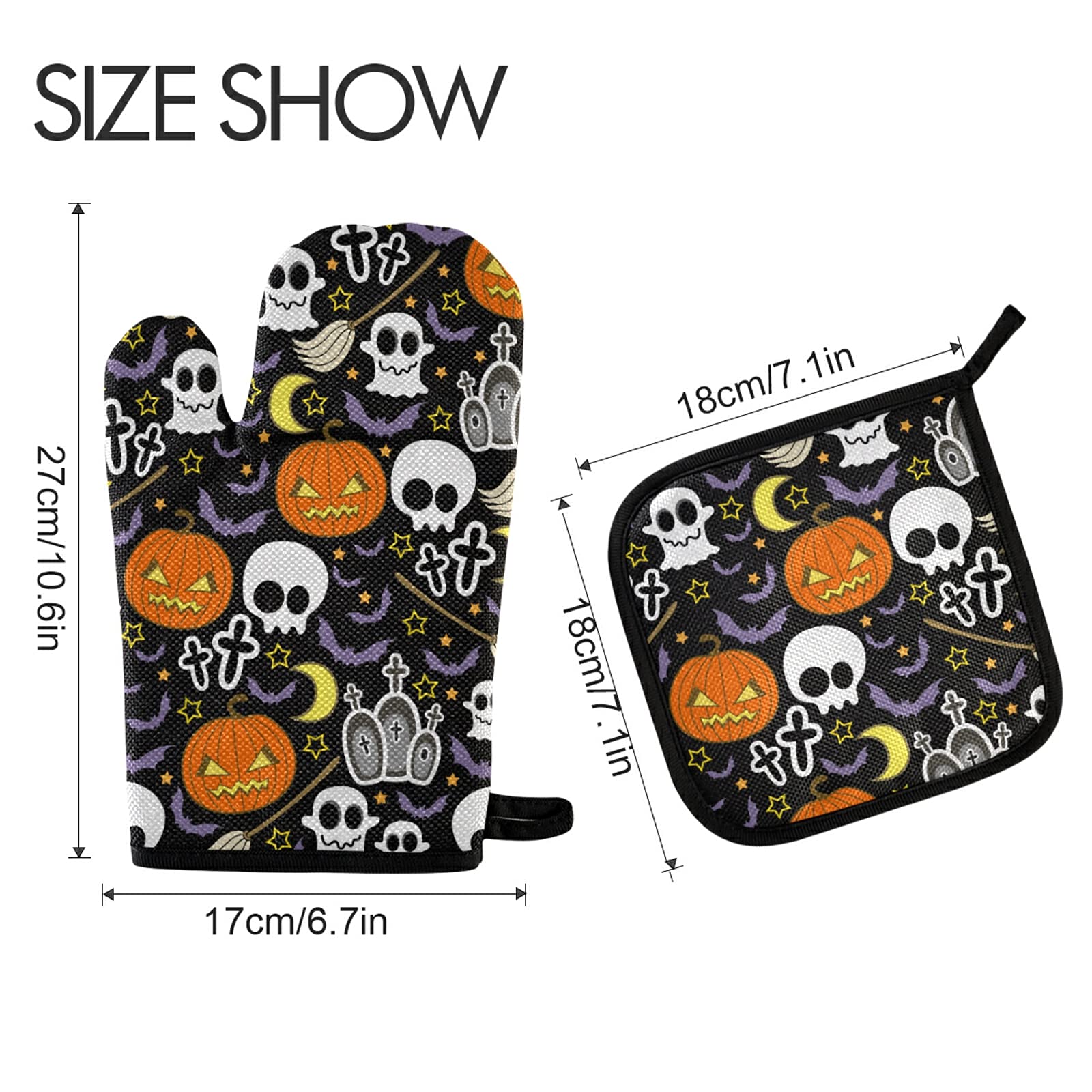 Aflyko Halloween Oven Mitts & Pot Holder Set - Jack-O-Lantern, Cute Ghost, Skull & Moon Designs - Heat Resistant Kitchen Gloves for Baking, BBQ, Grilling - Perfect for Day of The Dead Decor, Halloween Party & Holiday Gifts