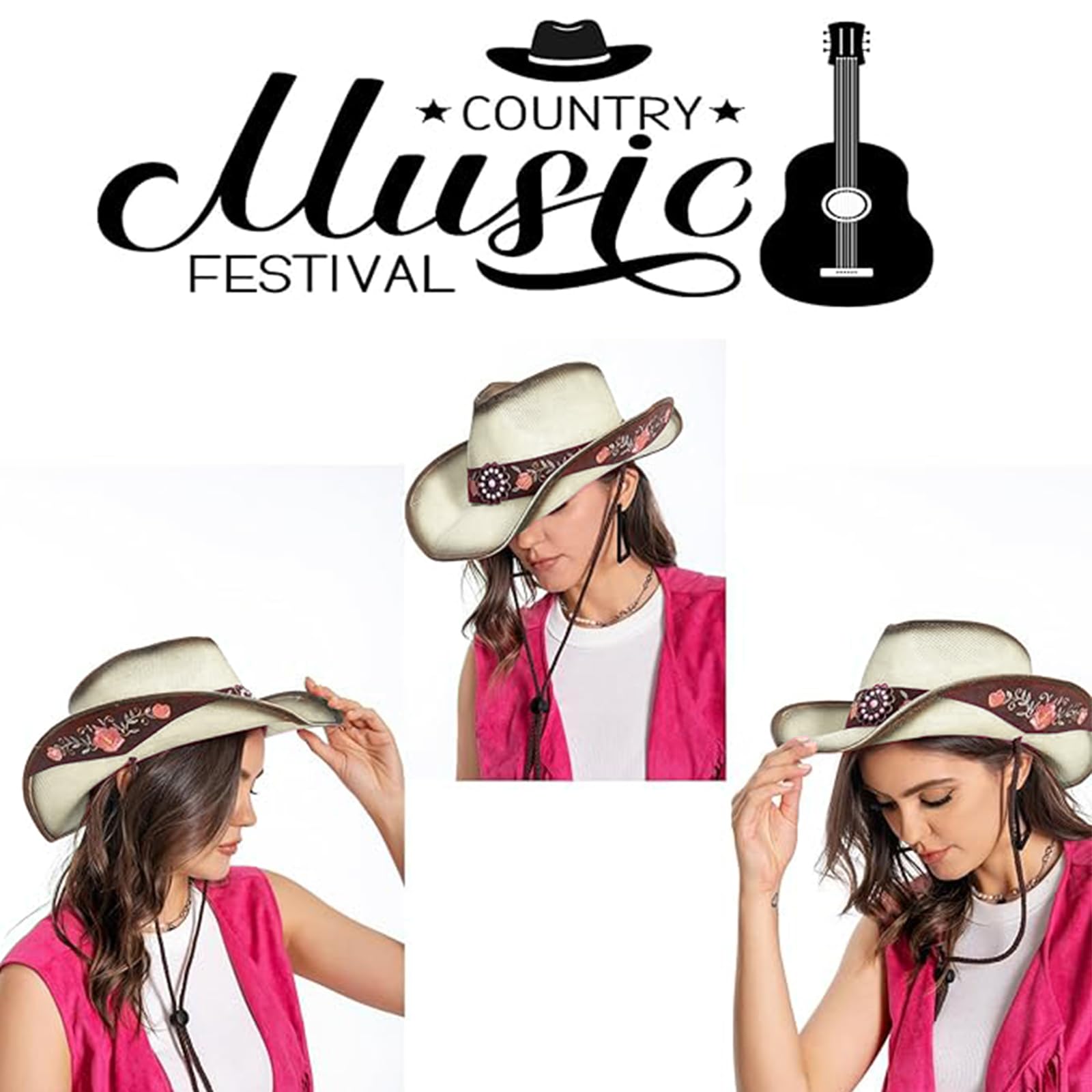 Women's Classic Brown Straw Cowboy Hat - Western Cowgirl Hat for Music Festivals, Beach Parties & Outdoor Events