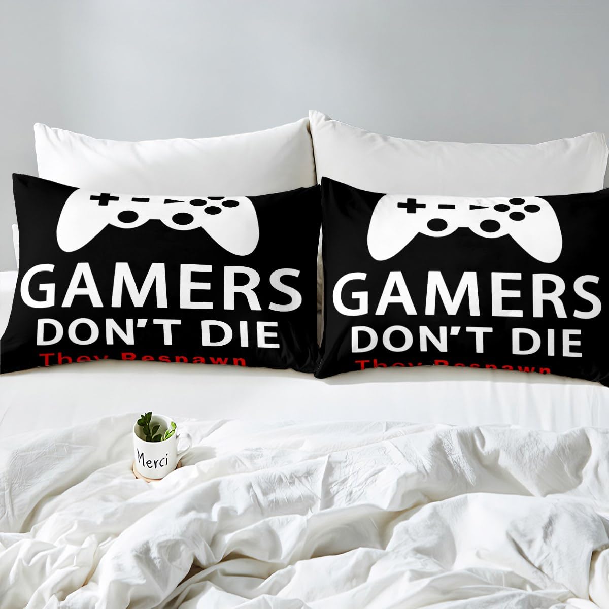 Erosebridal Reversible Gamepad Print Queen Gaming Comforter Set for Boys - Modern Gamer Bedding with 2 Pillowcases (Black/White) - Perfect for Kids, Teens & Youth Bedrooms, Gaming Themed Sleepovers & Gamer Decor