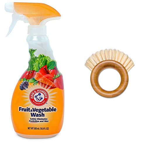 Arm & Hammer Fruit & Vegetable Wash Spray - 16.9oz Natural Produce Cleaner for Fresh Fruits & Vegetables | Full Circle 2-in-1 Fruit & Veggie Cleaning Brush (Small, White) | Perfect for Washing Apples, Berries, Leafy Greens & More at Home
