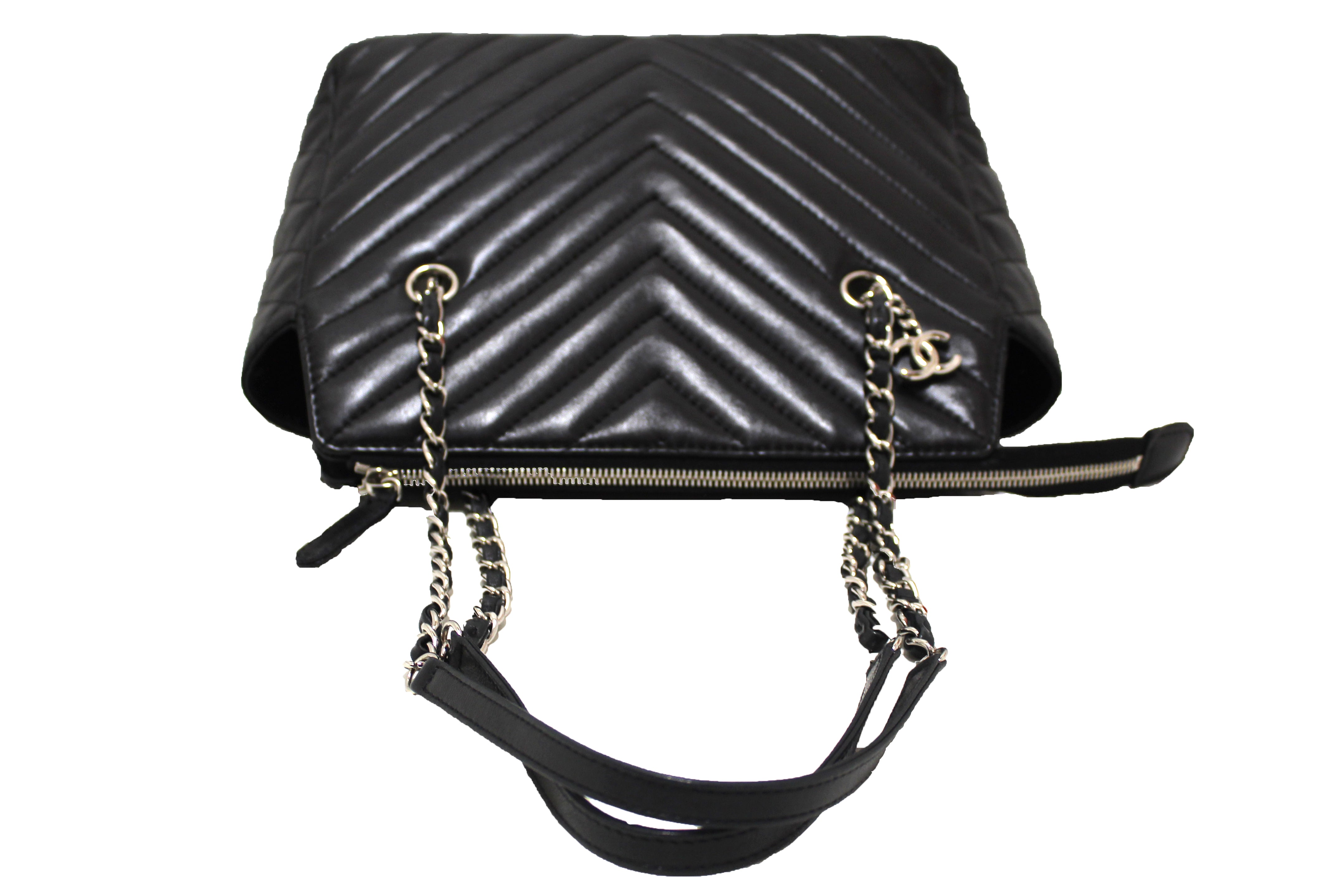 Authentic Chanel Black Chevron Lambskin Small Tote Bag - Luxury Designer Handbag for Women, Perfect for Work, Travel & Everyday Use