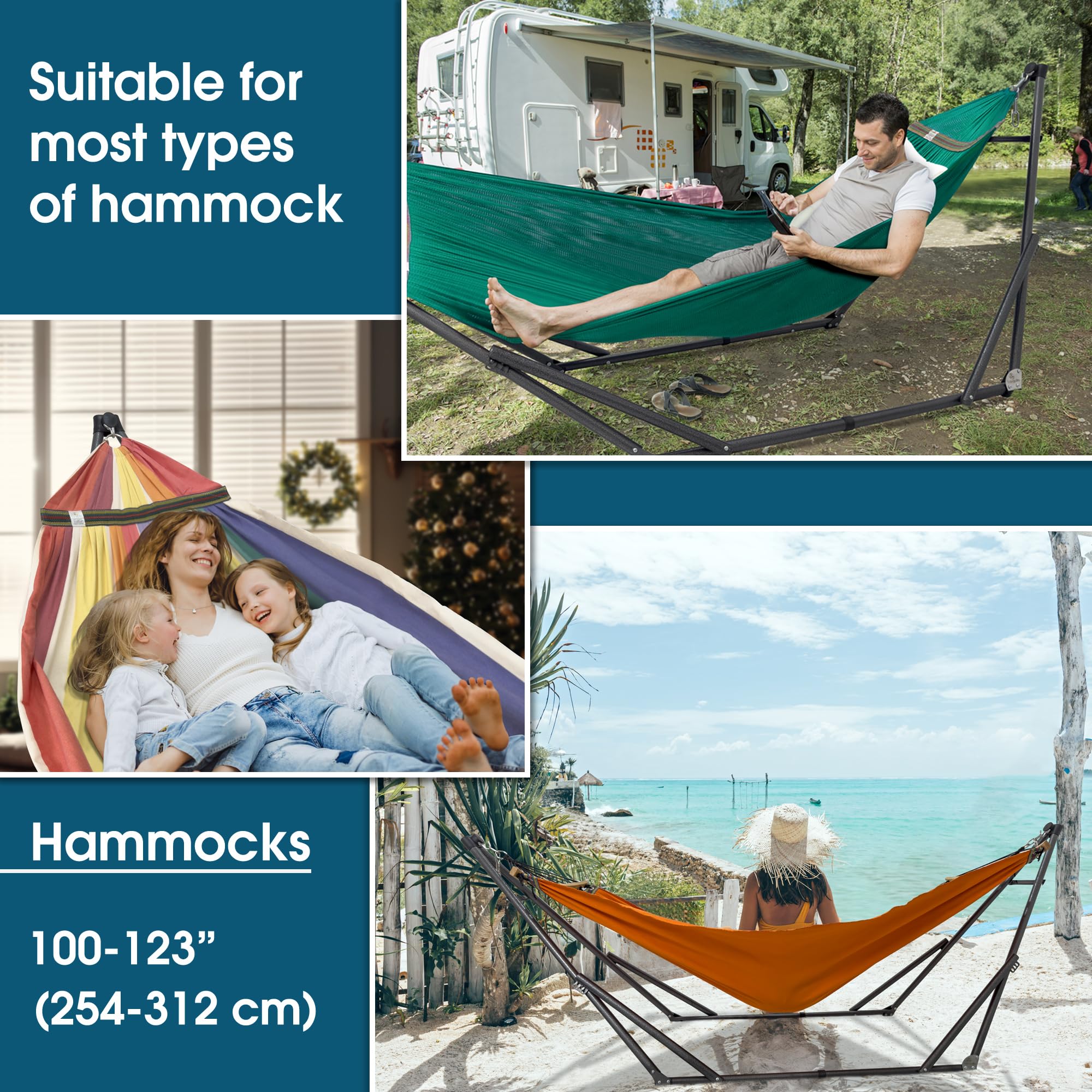 Tranquillo Foldable Hammock Stand with Breathable Polyester Net - 600 lbs Capacity Steel Frame for 2 Person Outdoor Camping, Backyard Relaxation & Beach Lounging - Portable Collapsible Double Hammock Set in Peacock Green