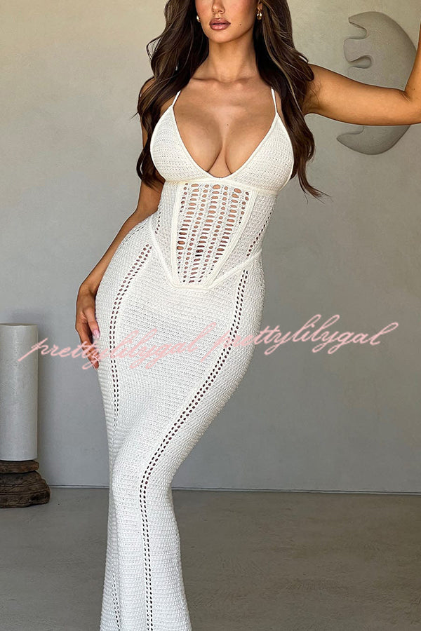 Elegant Knit Crochet Hollow Out Back Lace Up Stretch Maxi Dress for Women - Summer Beach Vacation & Boho Chic Outfit