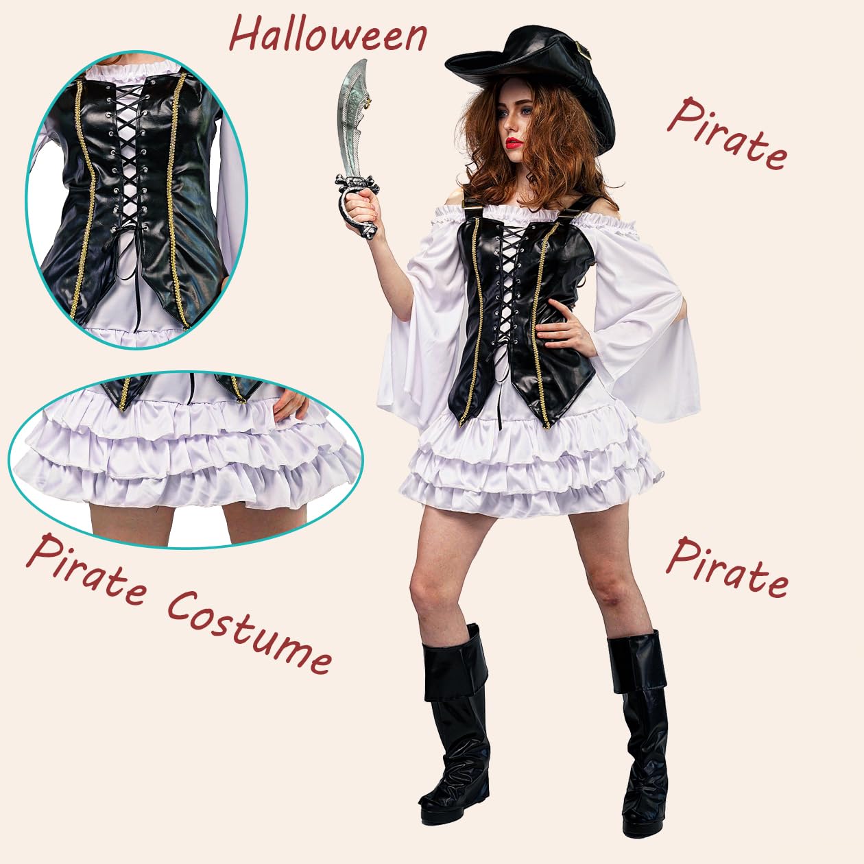 DSplay Women's Pirate Buccaneer Costume - Halloween Fancy Dress Outfit for Adults, Cosplay & Themed Parties