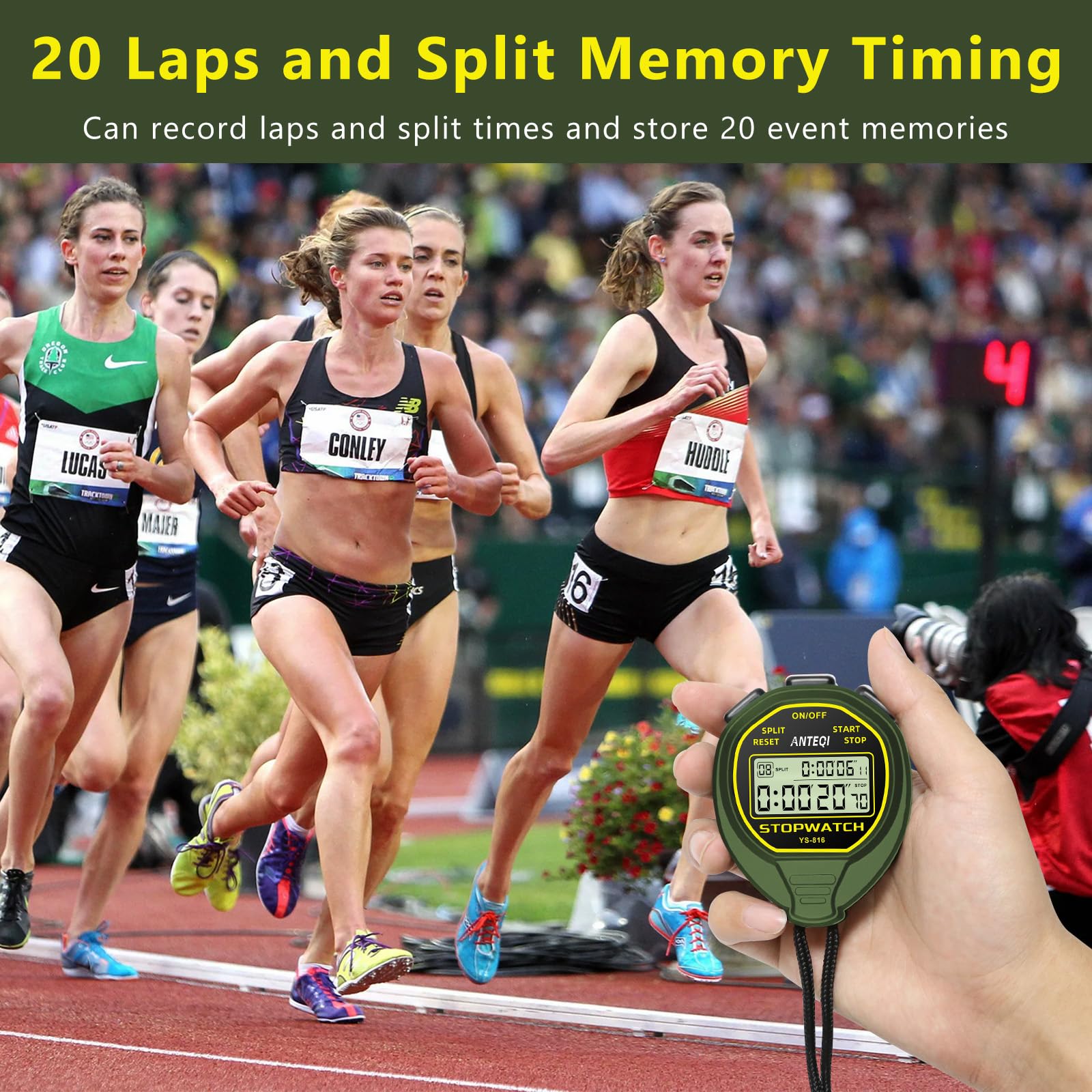 ANTEQI Waterproof Digital Stopwatch - 20-Lap Memory, ON/OFF Function, No Clock/Calendar/Alarm - Silent Sports Timer for Coaches, Swimming, Running, Track & Field Training