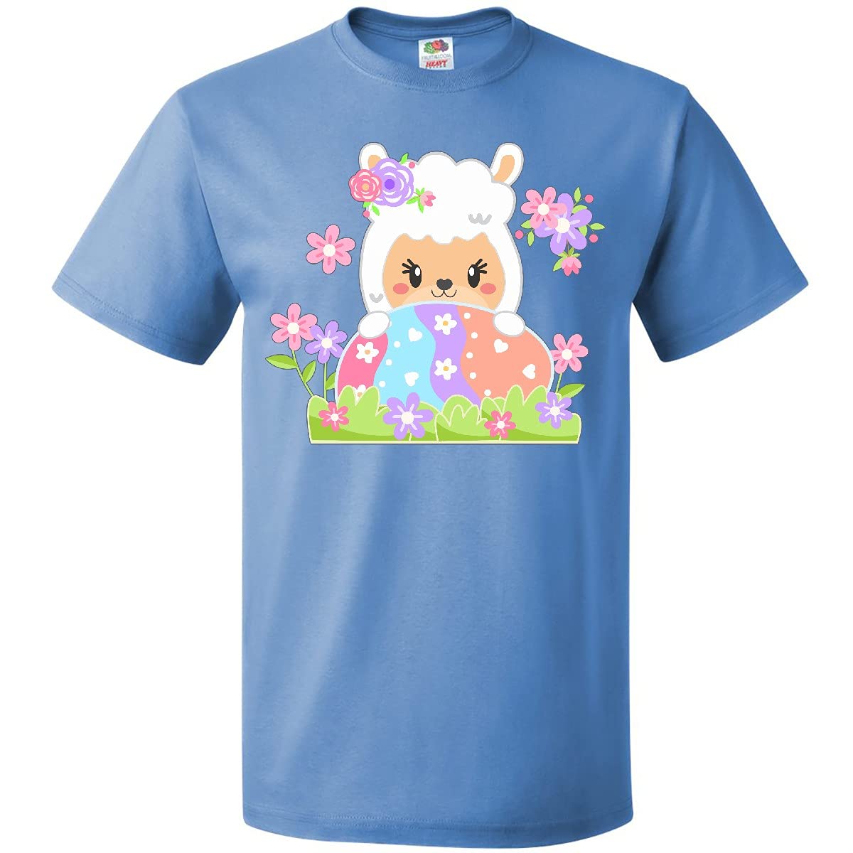Inktastic Cute Easter Llama with Spring Flowers and Egg Graphic T-Shirt - Fun Holiday Outfit for Easter Celebrations & Spring Parties