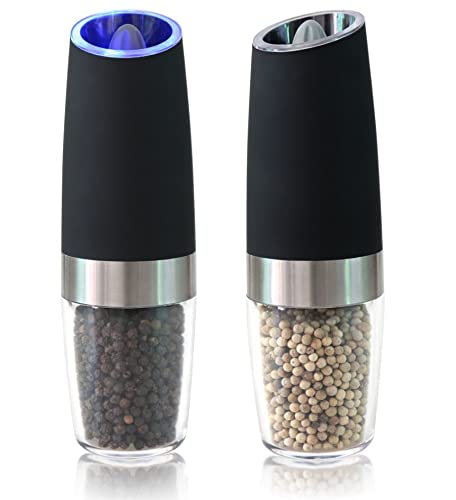 Premium Electric Gravity Pepper Grinder Set (2 Pack) - Battery Powered with Adjustable Coarseness, Blue LED Light & One-Hand Operation - Stainless Steel Black - Perfect for Kitchen, Dining & Gourmet Cooking