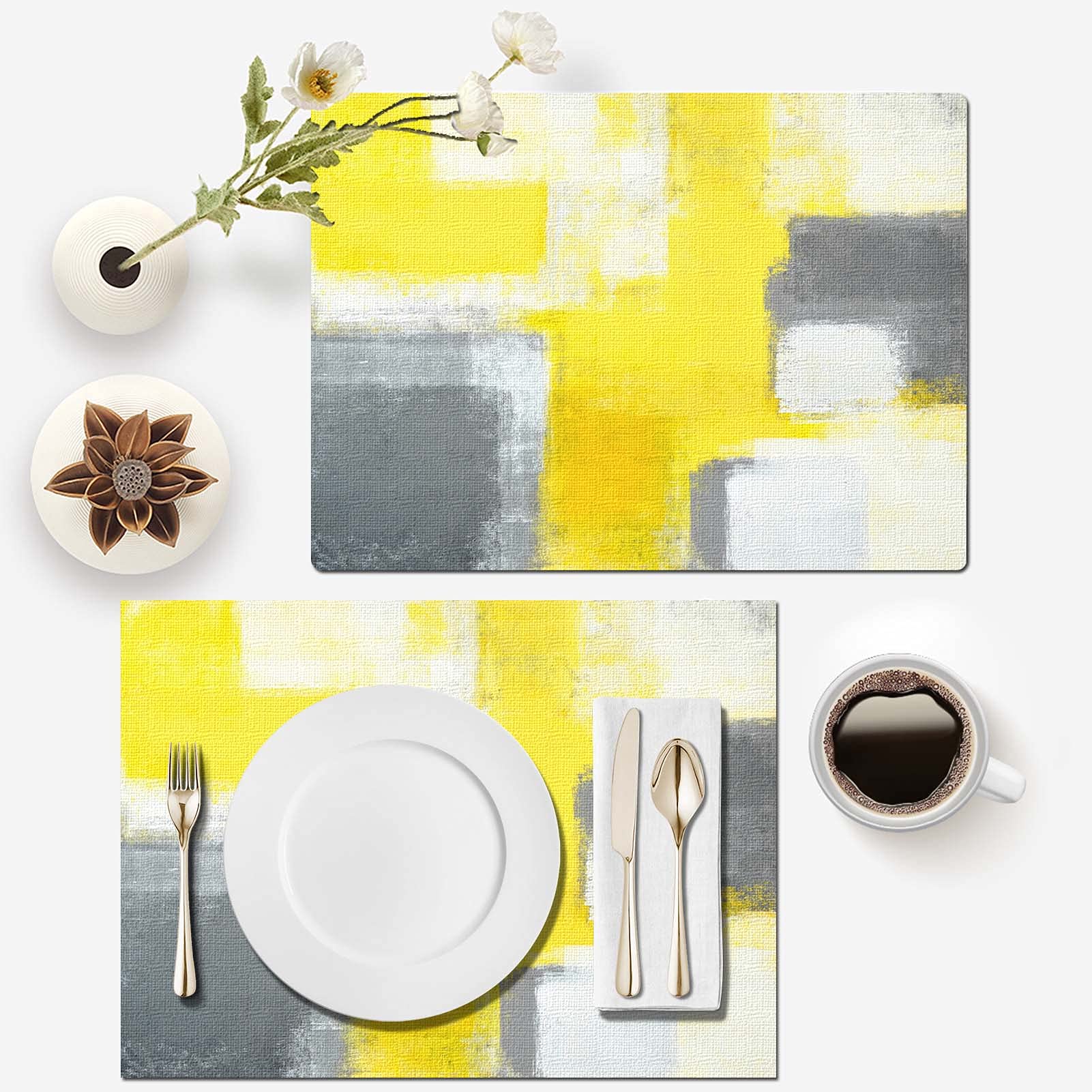 Mcalk Yellow Table Runner & 6-Piece Grey Placemats Set - Modern Abstract Art Linen Table Mats for Kitchen & Dining Room - Washable & Durable for Everyday Use, Dinner Parties & Holiday Decor